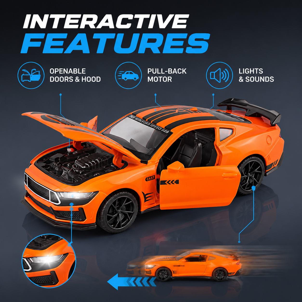 1:28 alloy car model Ford New Mustang Light and Music 3 Door Rebound trendy play table and decorative piece Application Scenario
