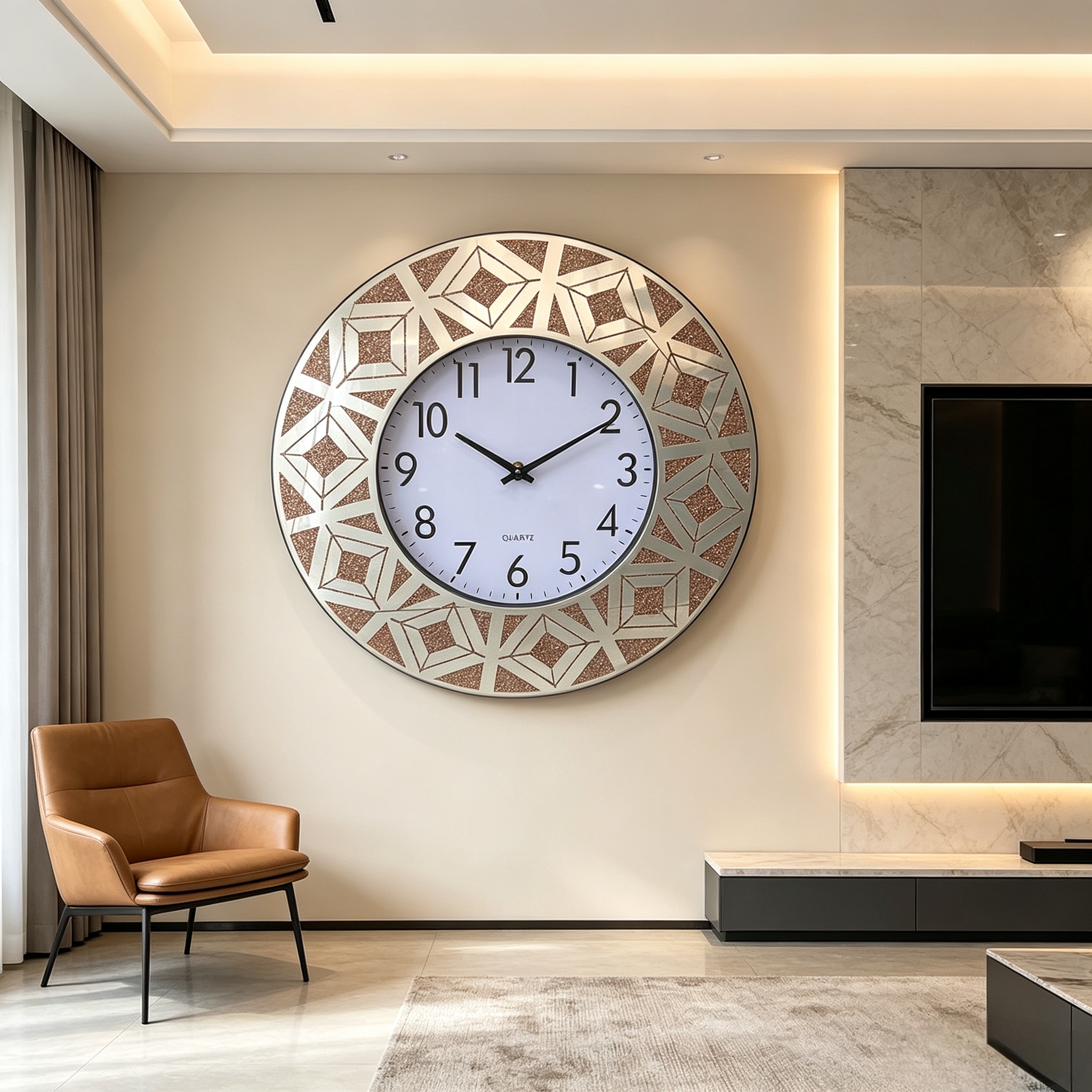 Golden powder-printed glass wall clock, classic artistic craftsmanship, living room, study, entrance wall clock, round and simple decorative wall clock Specification image
