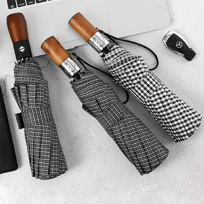 Hengdun Light Luxury Thousand-Bird Pattern fully automatic folding umbrella, solid wood handle, fiber-reinforced wind-resistant ribs, business commuting sunshade umbrella, portable and durable, three-fold all-weather umbrella, supports wholesale and custom logo