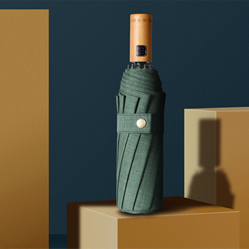 Hengdun's light luxury retro wood-grain handle, automatic opening and closing folding umbrella, thickened water-repellent fabric, durable and resistant to heavy rain and wind, reinforced frame, high appearance level for daily commuting and outdoor travel, sunshade umbrella, supports custom logo Specification image
