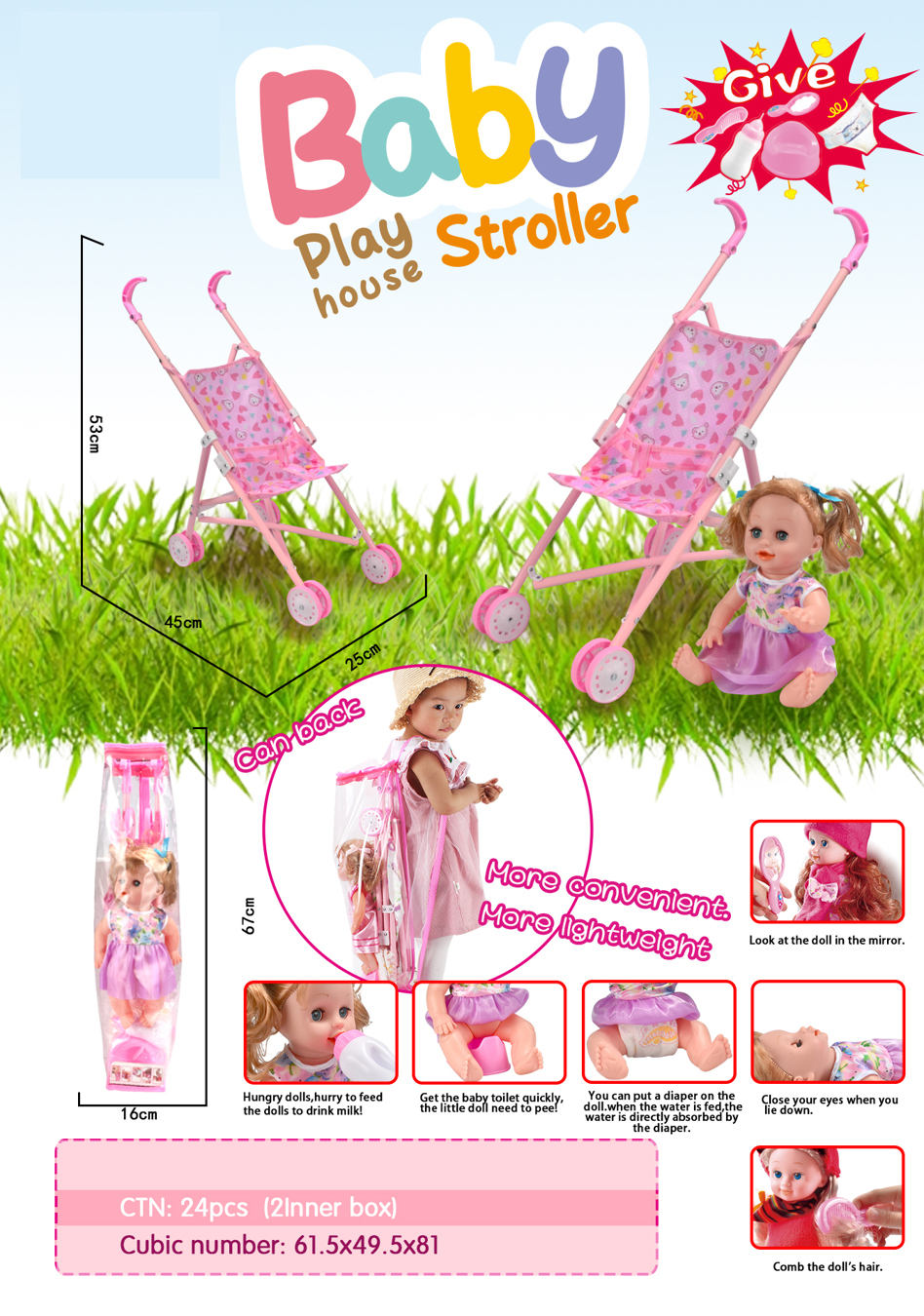 TC37316 Extended handle lightweight folding doll stroller Gift box, multi-functional feeding and toilet interaction doll role-playing toy, with baby bottle, toilet diaper, mirror and comb Specification image