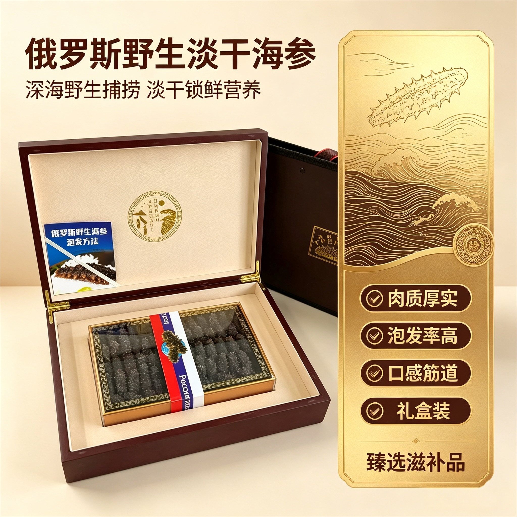俄罗斯进口大红野生淡干海参深海六排刺孕妇老人术后滋补礼盒顺丰包邮250克75~77头