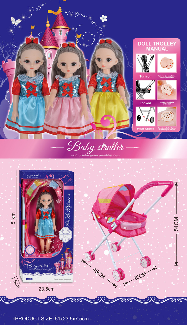 TC37312 Castle Princess Pink Portable Folding Doll Cart Multi-color Dress Vocal Doll Girl Role-playing Gift Set Specification image