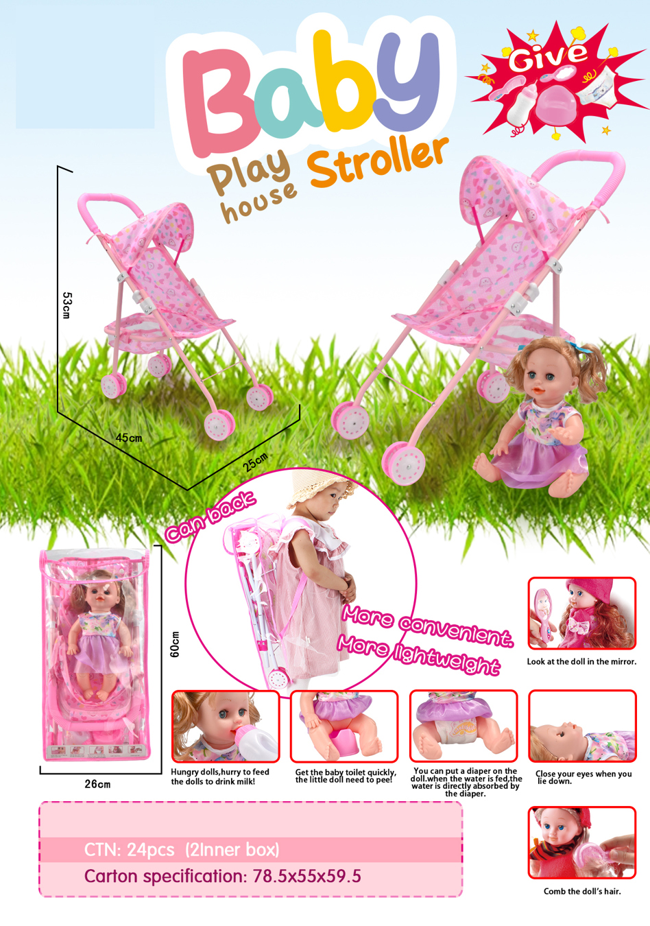 TC37317 Pink heart-shaped cartoon folding toy trolley, children play house, drink water, use the toilet, close eyes simulation doll set with baby bottle, toilet diaper, mirror comb Specification image