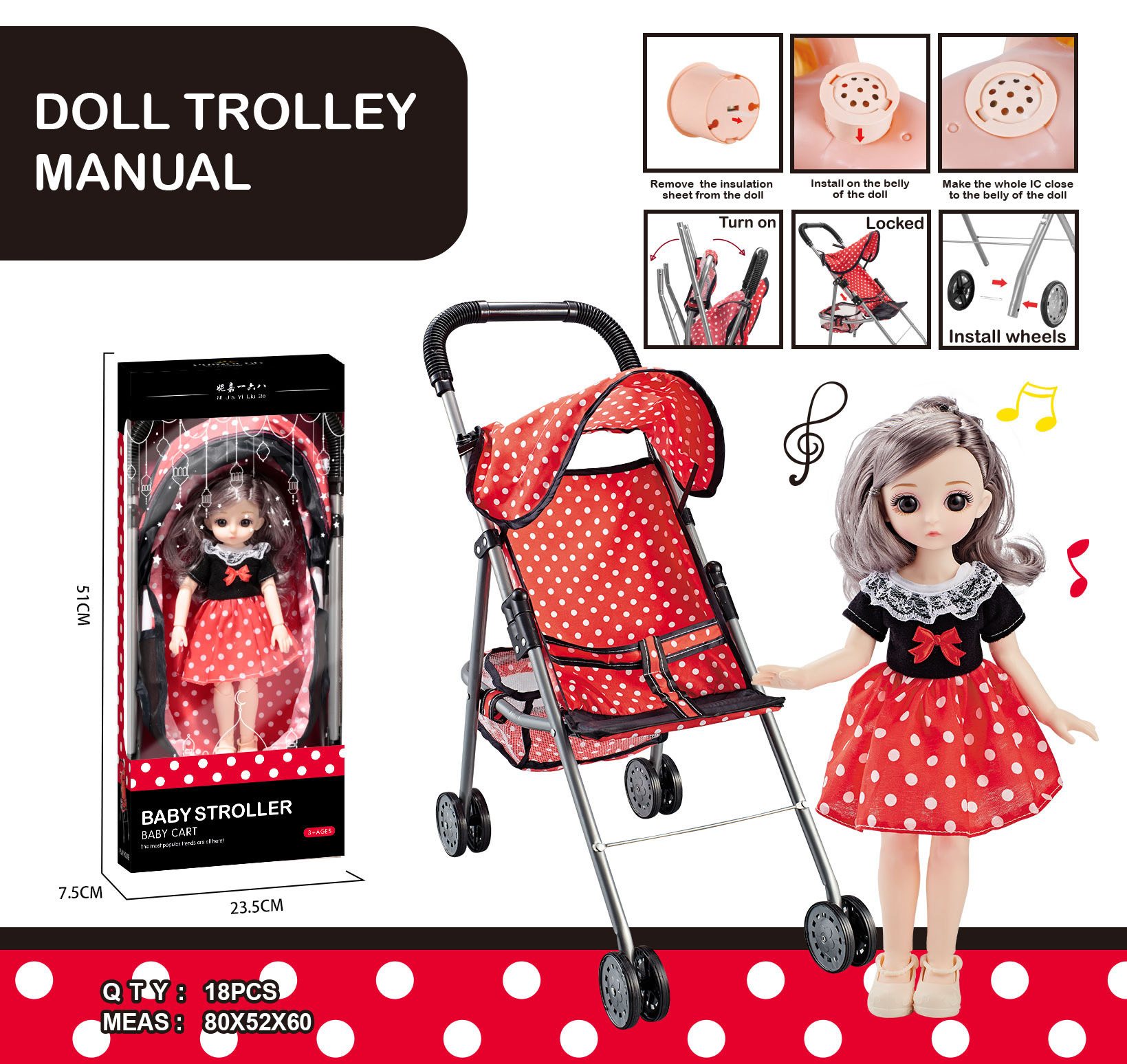 TC37310, a children's festival gift toy with a storage basket, polka dot folding trolley, bow dress, vocal doll, and color box packaging details Picture