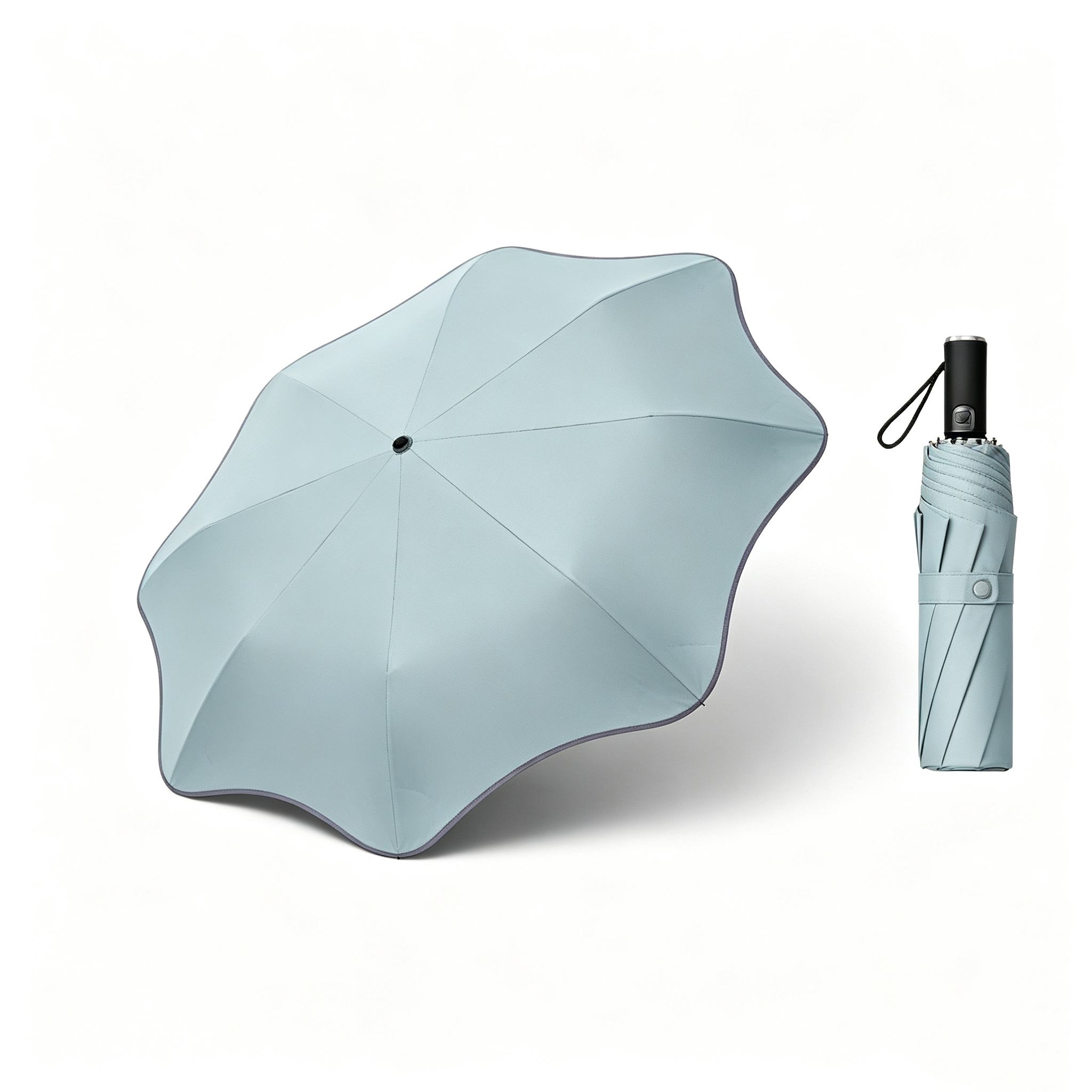 Hengdun lace-shaped automatic folding sun umbrella black rubber UPF50 + sun protection umbrella, women's lotus leaf edge three-fold umbrella UV protection, all-weather and all-weather umbrella, rounded corner anti-potting portable commuting sun umbrella, supports customization Application Scenario