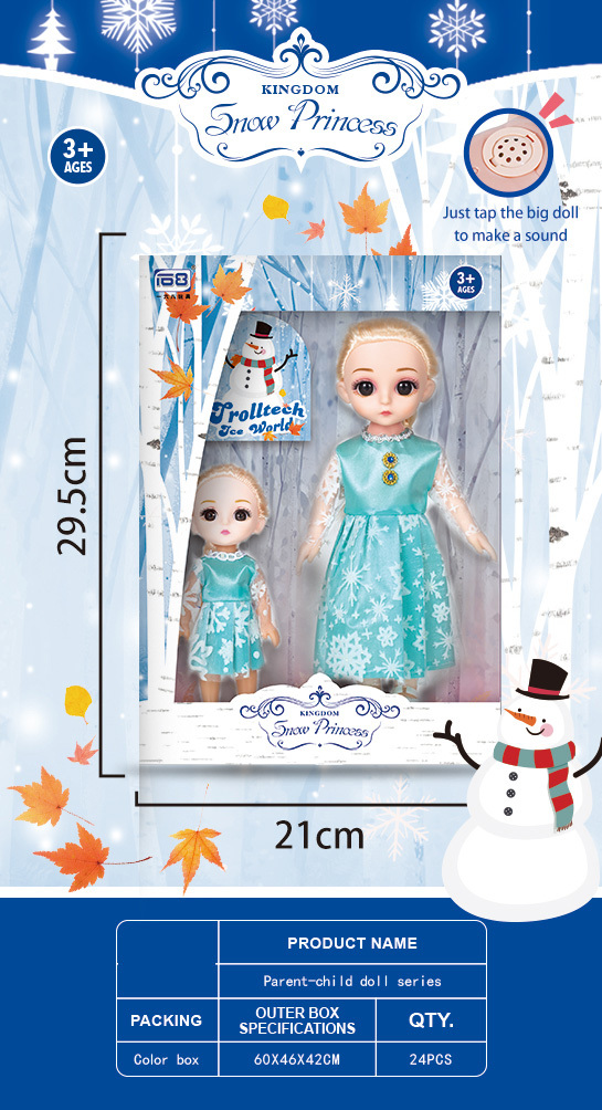 TC37315 Snowflake Ice Blue Parent-Child Princess Doll Set, one large and one small, Double Set with sound effect, children's gift toy with mirror and comb Item Picture
