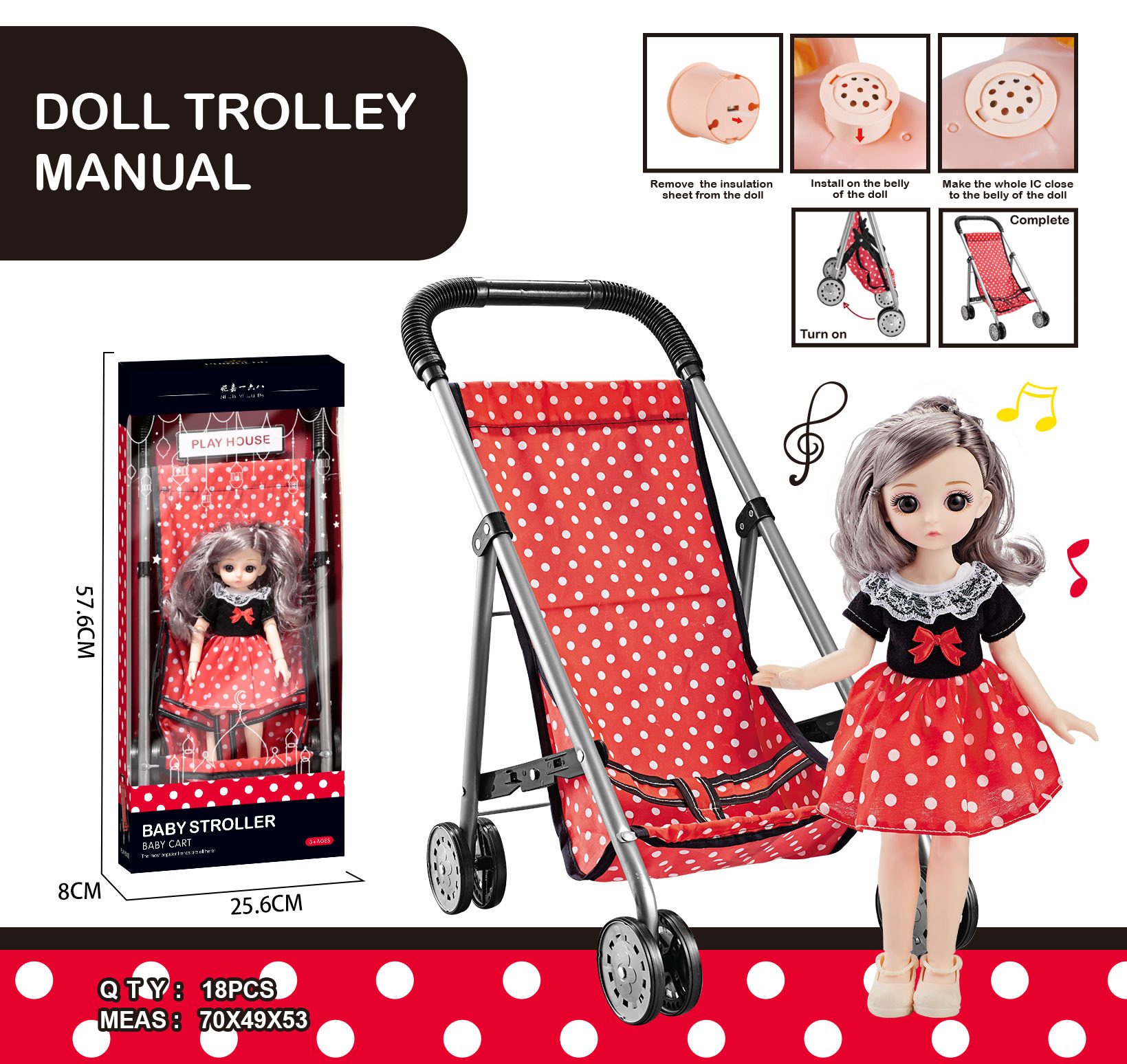 TC37311. A retro polka dot metal frame children's toy stroller with a vocal princess doll in a color box for festival gift toys Item Picture