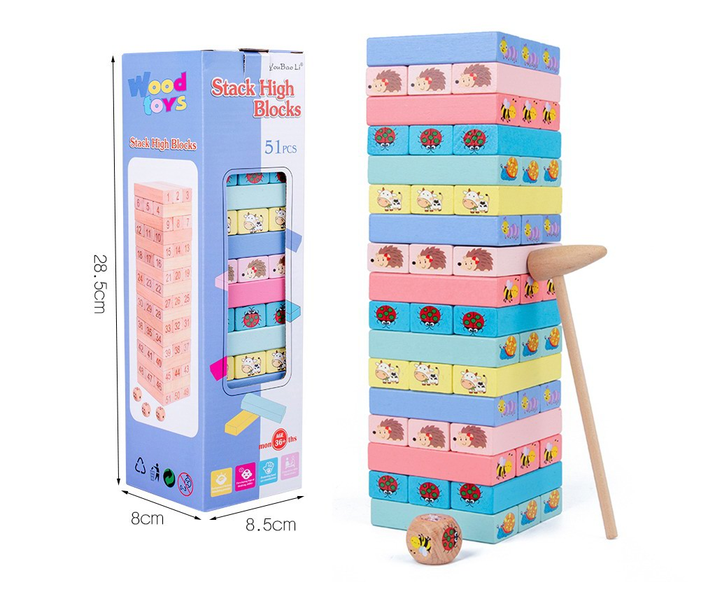 TC34596 Cartoon Little Animal pattern Stacking tall building blocks, wooden color drawing building blocks stacked layer by layer, children's early education concentration training Party tabletop game gift box details Picture