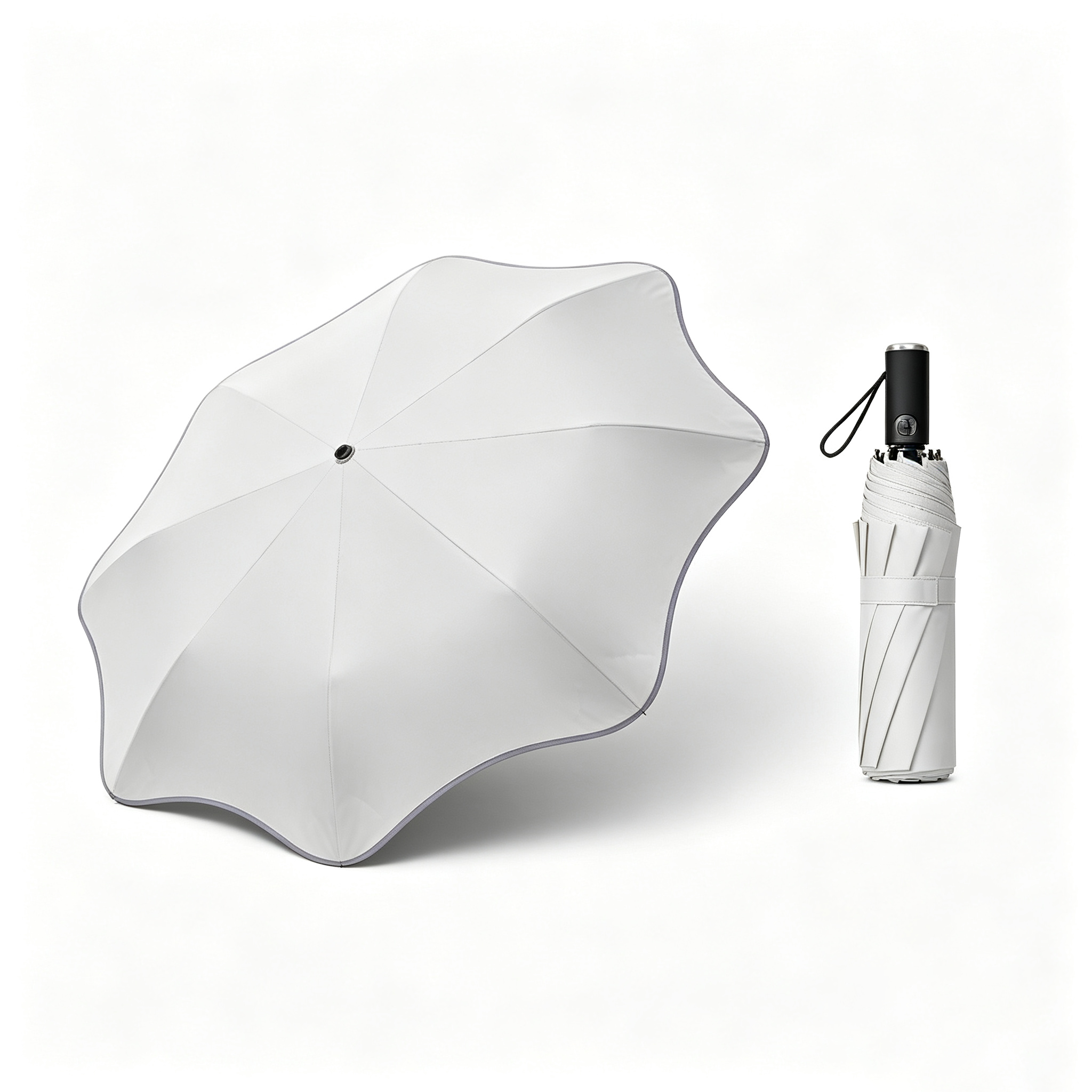 Hengdun lace-shaped automatic folding sun umbrella black rubber UPF50 + sun protection umbrella, women's lotus leaf edge three-fold umbrella UV protection, all-weather and all-weather umbrella, rounded corner anti-potting portable commuting sun umbrella, supports customization Item Picture