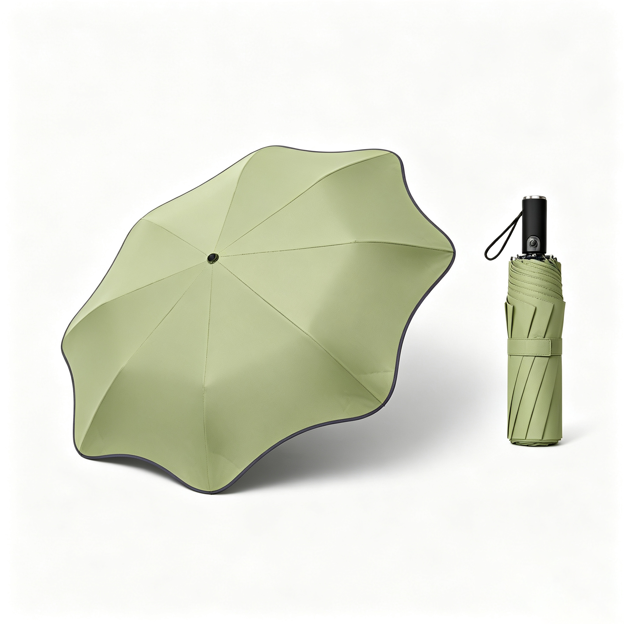 Hengdun lace-shaped automatic folding sun umbrella black rubber UPF50 + sun protection umbrella, women's lotus leaf edge three-fold umbrella UV protection, all-weather and all-weather umbrella, rounded corner anti-potting portable commuting sun umbrella, supports customization Specification image