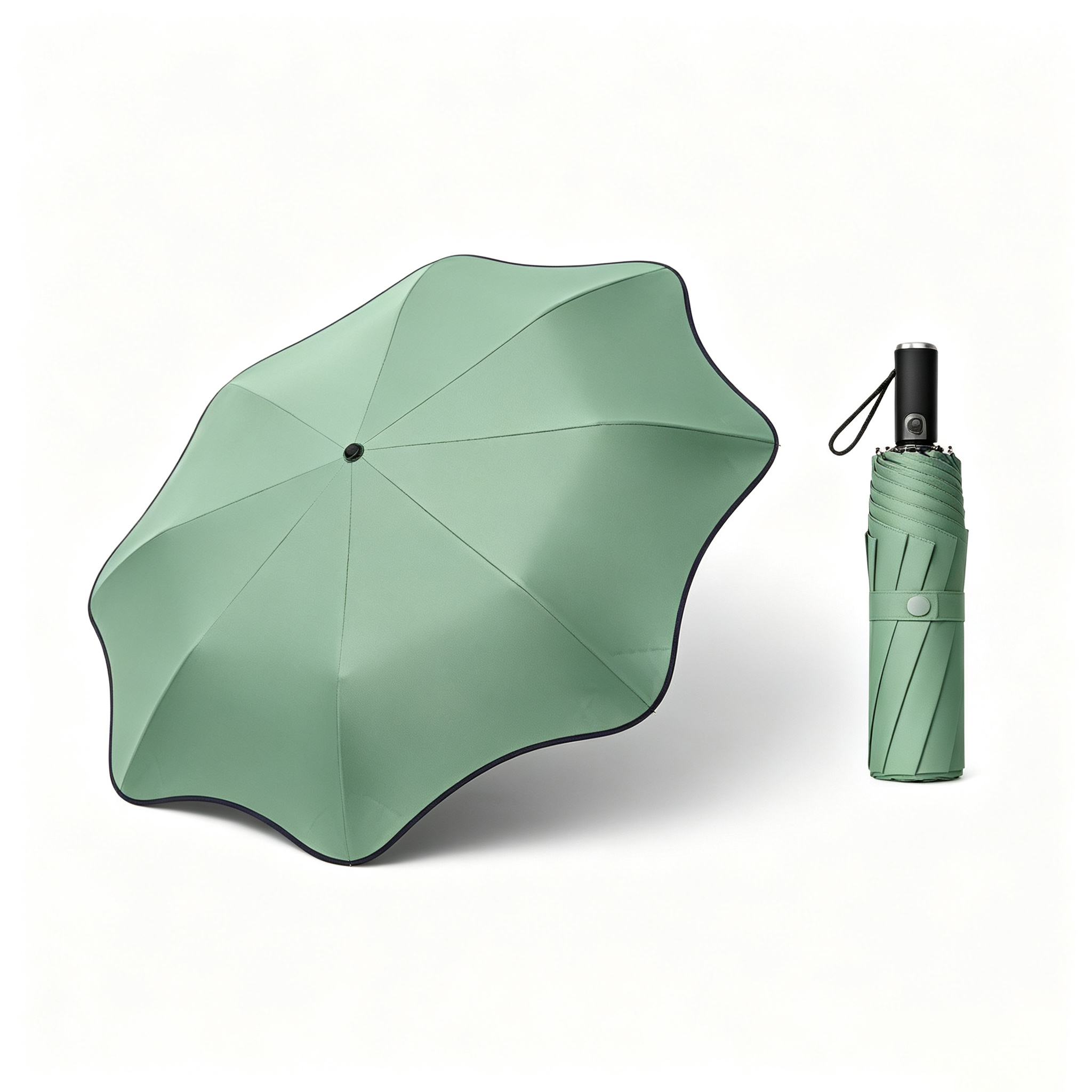 Hengdun lace-shaped automatic folding sun umbrella black rubber UPF50 + sun protection umbrella, women's lotus leaf edge three-fold umbrella UV protection, all-weather and all-weather umbrella, rounded corner anti-potting portable commuting sun umbrella, supports customization details Picture