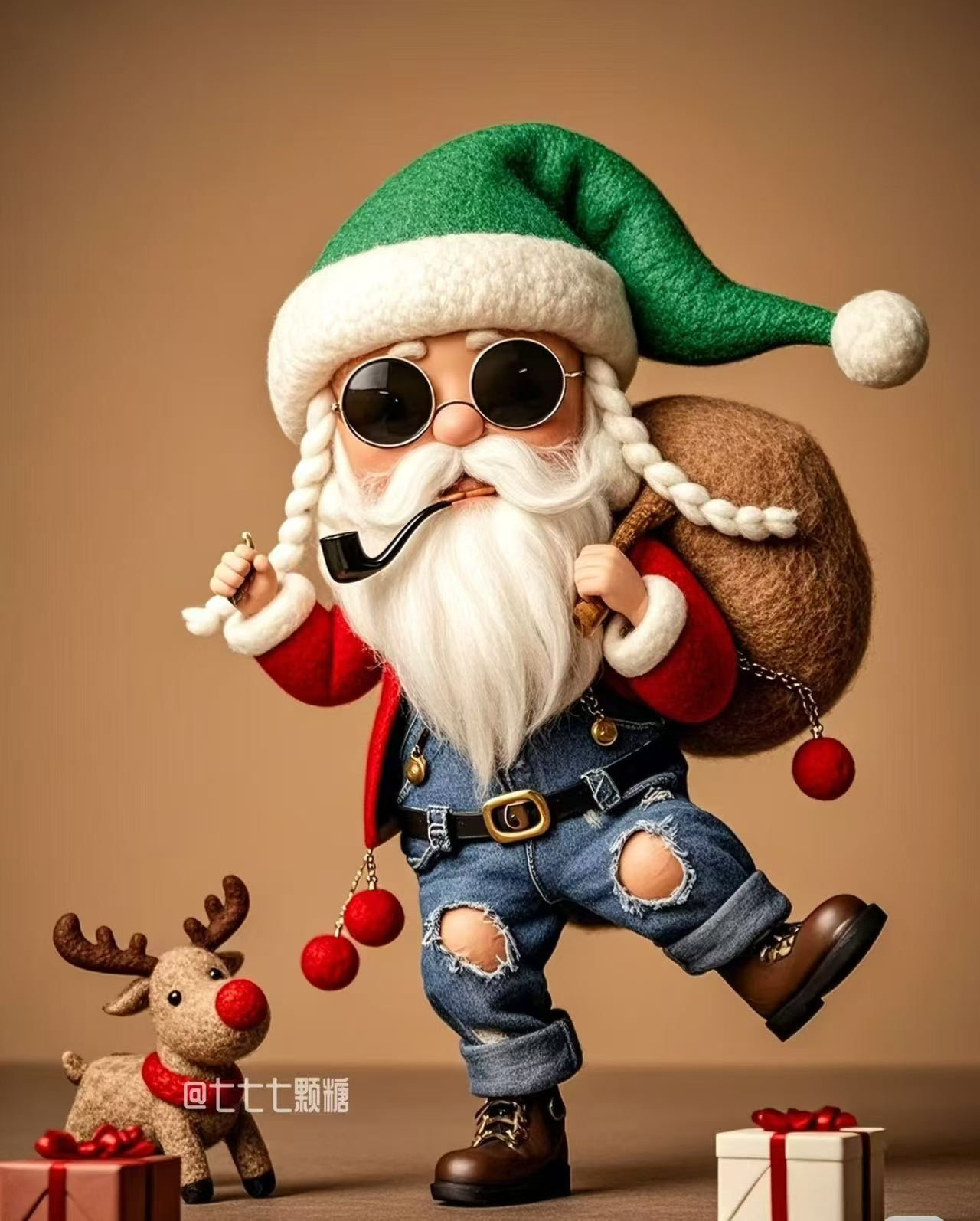 A green Santa hat, a Santa Claus doll, wearing sunglasses, holding a pipe, carrying a gift bag, wearing ripped jeans, brown boots with throw pillows details Picture