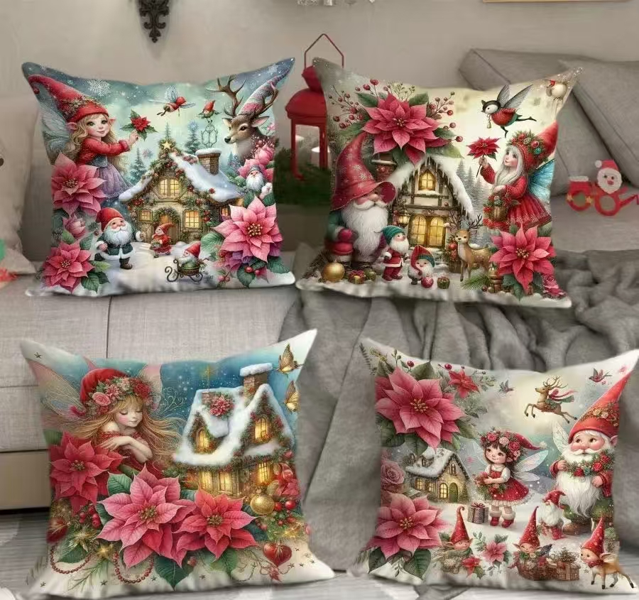 Four Christmas-themed tufted throw pillows, including elf Santa Claus, reindeer hut, pointiana flower and Tibetan-style cushions