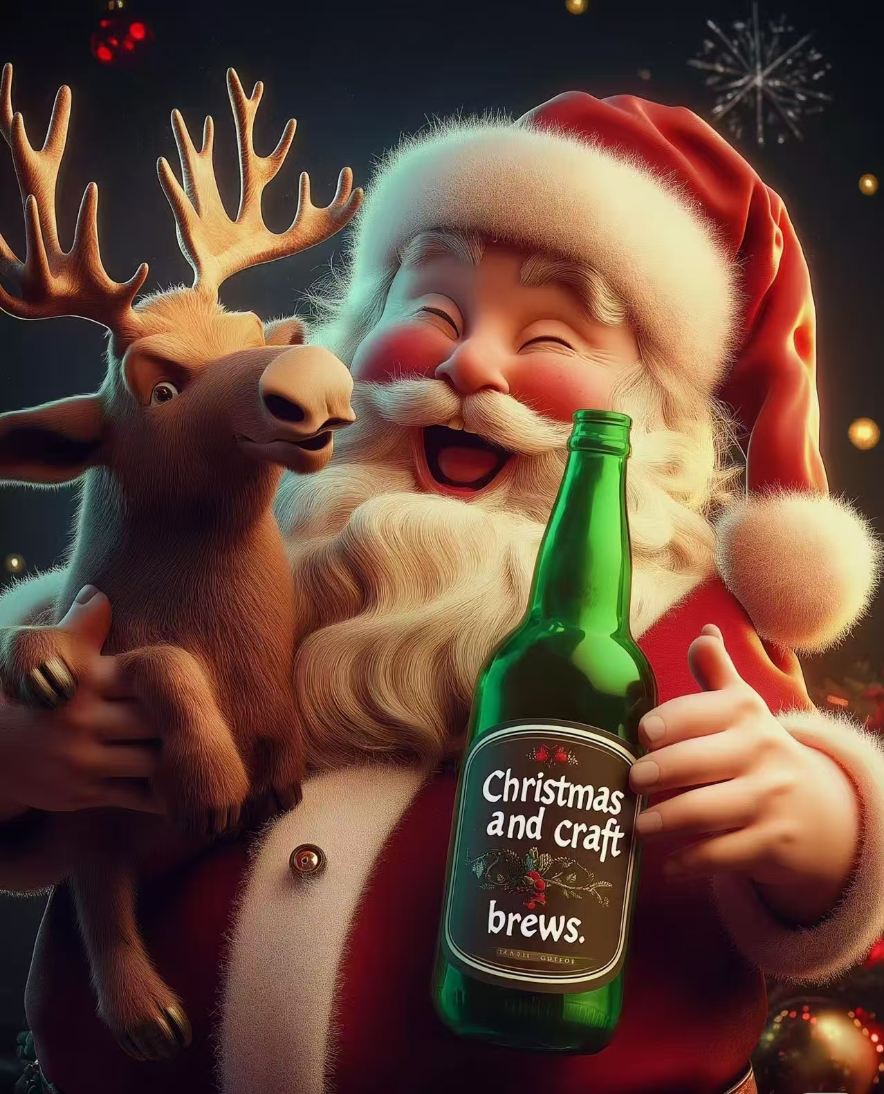 圣诞老人驯鹿抱绿酒瓶彩灯背景Christmas craft brews圣诞抱枕