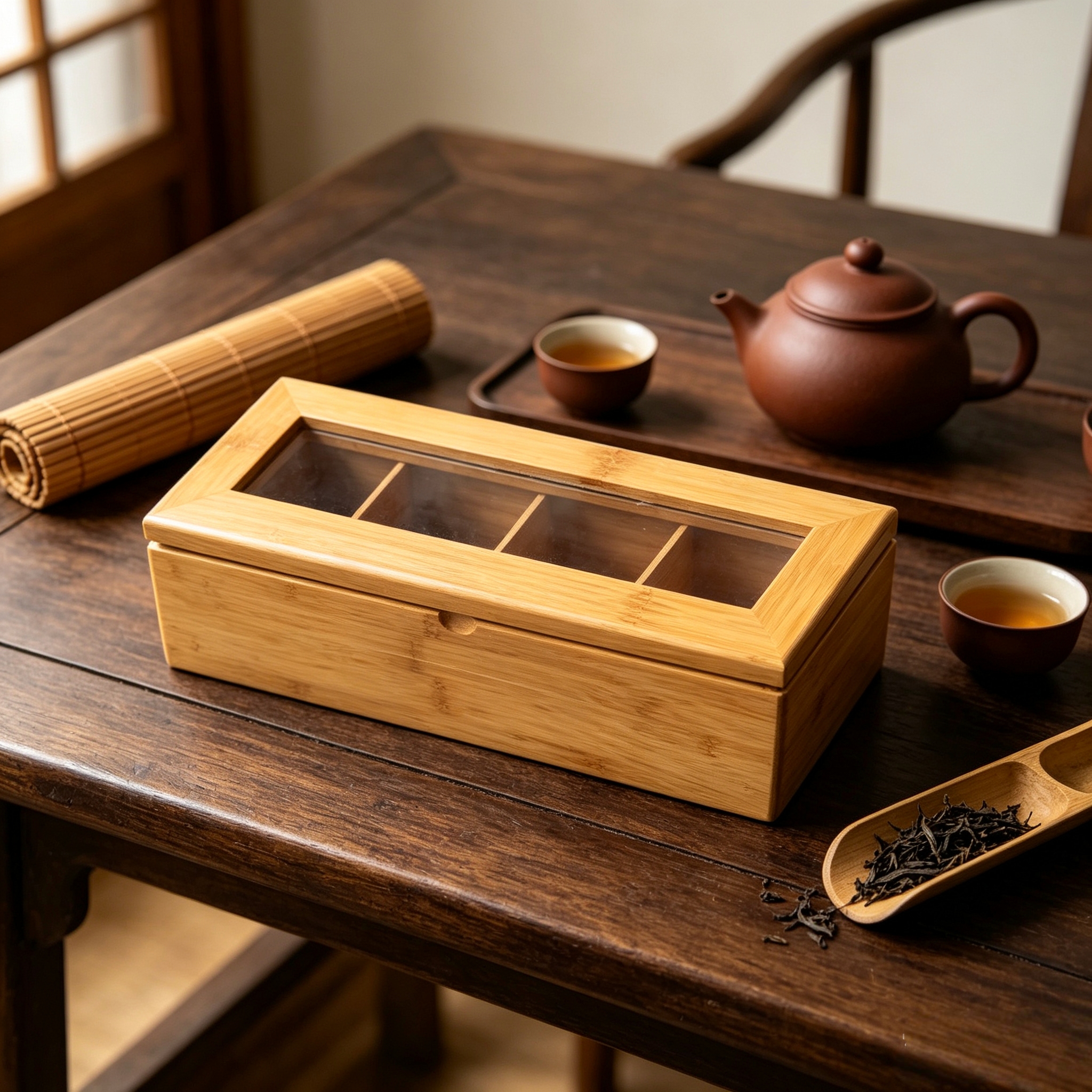 Jiehao wooden transparent four-compartment tea box with lid dust-proof separation packaging tea bag storage box Application Scenario