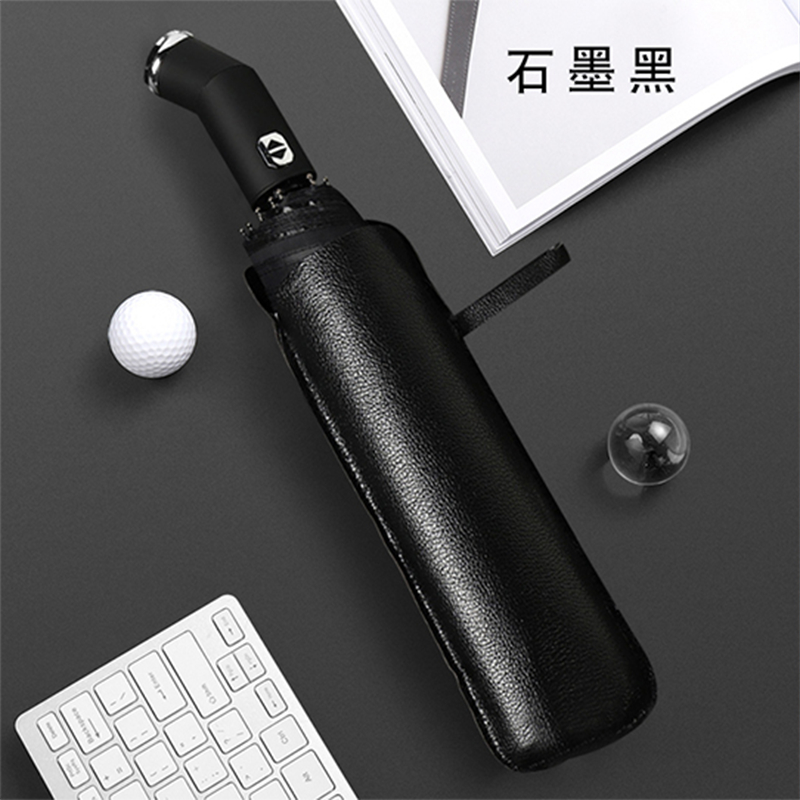 Hengdun LED corner flashlight, fully automatic folding umbrella, double keel reinforced, wind-resistant black rubber, sun protection, rain and sun dual-purpose umbrella, leather umbrella cover, night lighting, commuting, customizable LOGO gift umbrella details Picture