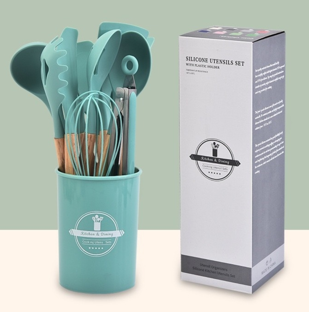 Black wooden-handled silicone kitchenware set with storage cylinder, available in multiple colors. Kitchen silicone kitchenware details Picture