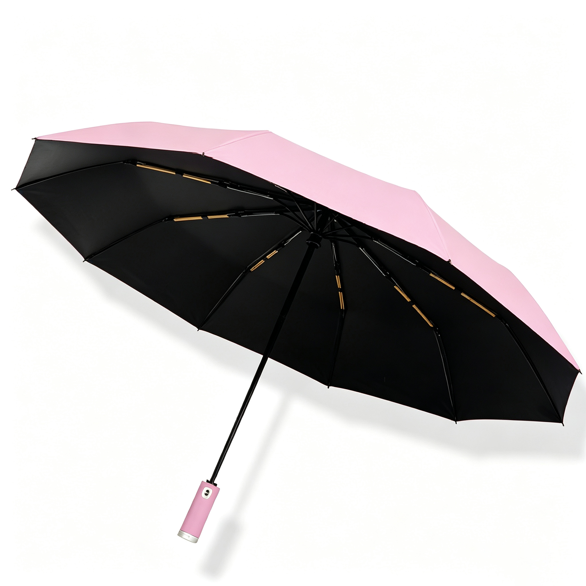 Hengdun LED corner flashlight, fully automatic folding umbrella, double keel reinforced, wind-resistant black rubber, sun protection, rain and sun dual-purpose umbrella, leather umbrella cover, night lighting, commuting, customizable LOGO gift umbrella Item Picture