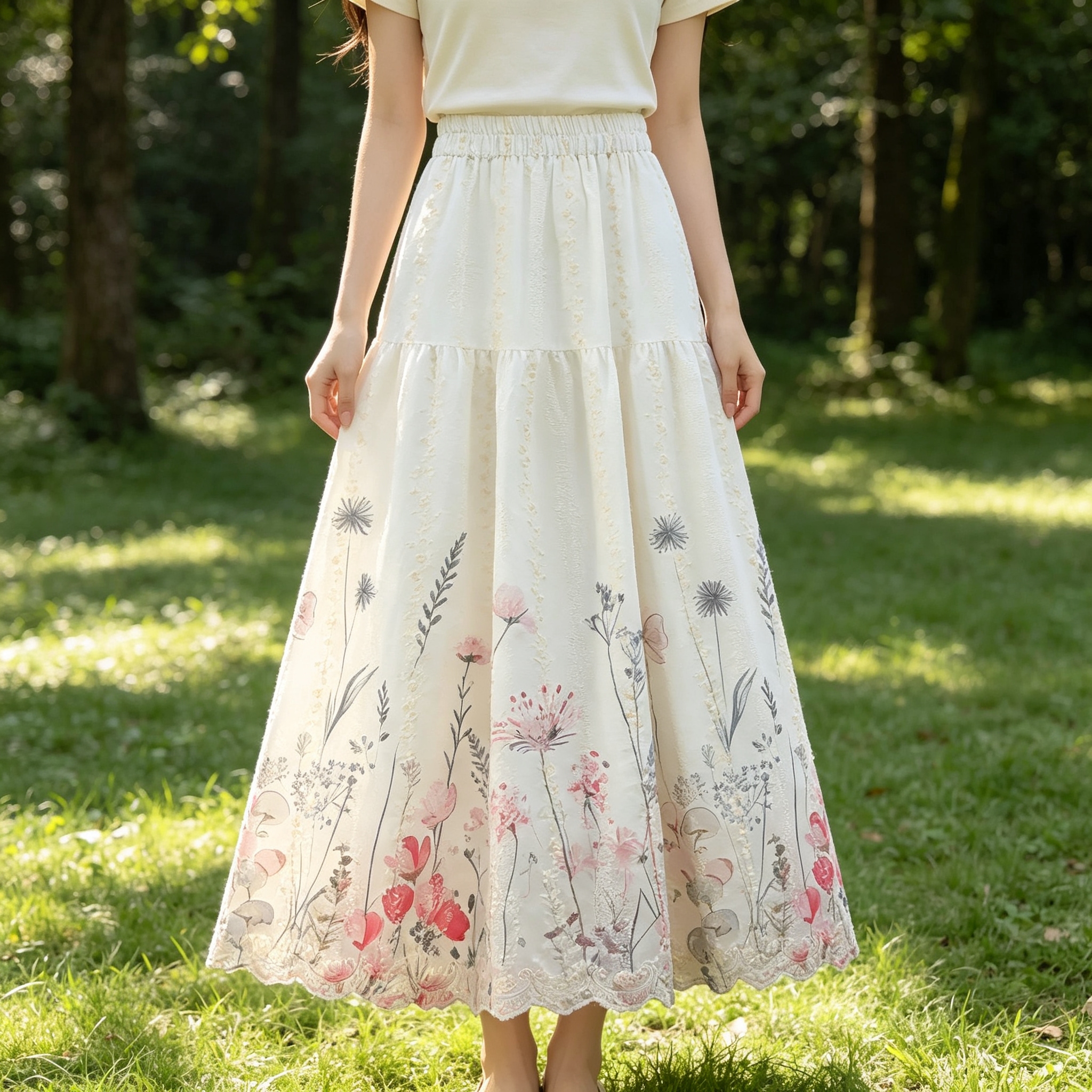 a new Korean-style high-waisted umbrella skirt with embroidery and floral patterns for women in spring and summer. It is a mid-length A-line skirt