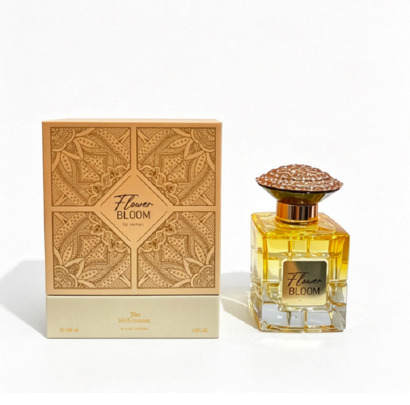 Amber glass perfume with golden patterns