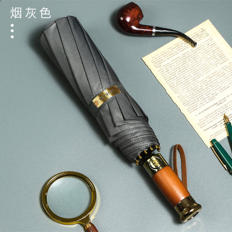 Hengdun retro solid wood handle fully automatic business folding umbrella, 25-inch football jacquard fabric frame, sturdy and rainproof, supports LOGO customization, suitable for enterprise commuting, gifting, advertising and souvenirs Specification image