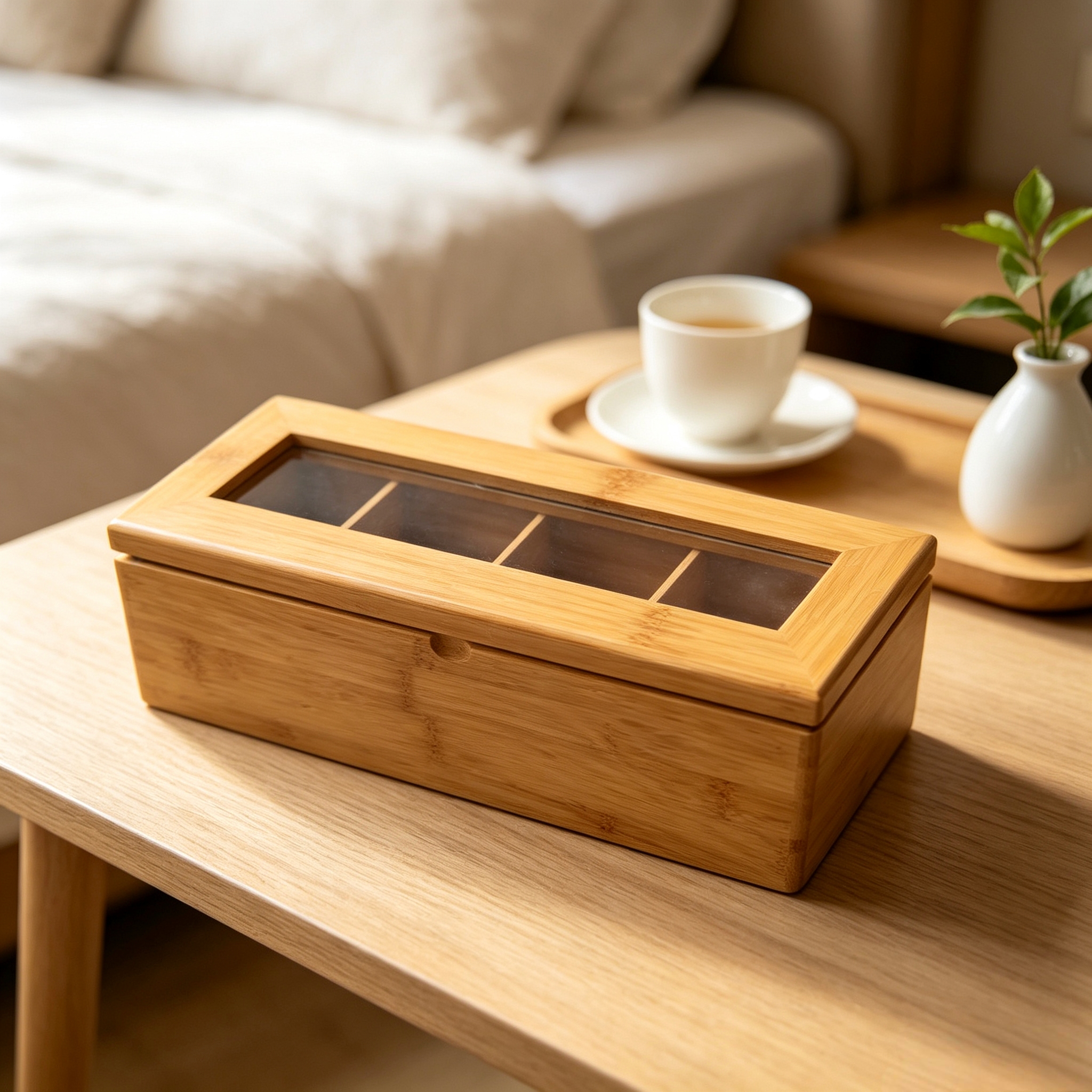 Jiehao wooden transparent four-compartment tea box with lid dust-proof separation packaging tea bag storage box Specification image