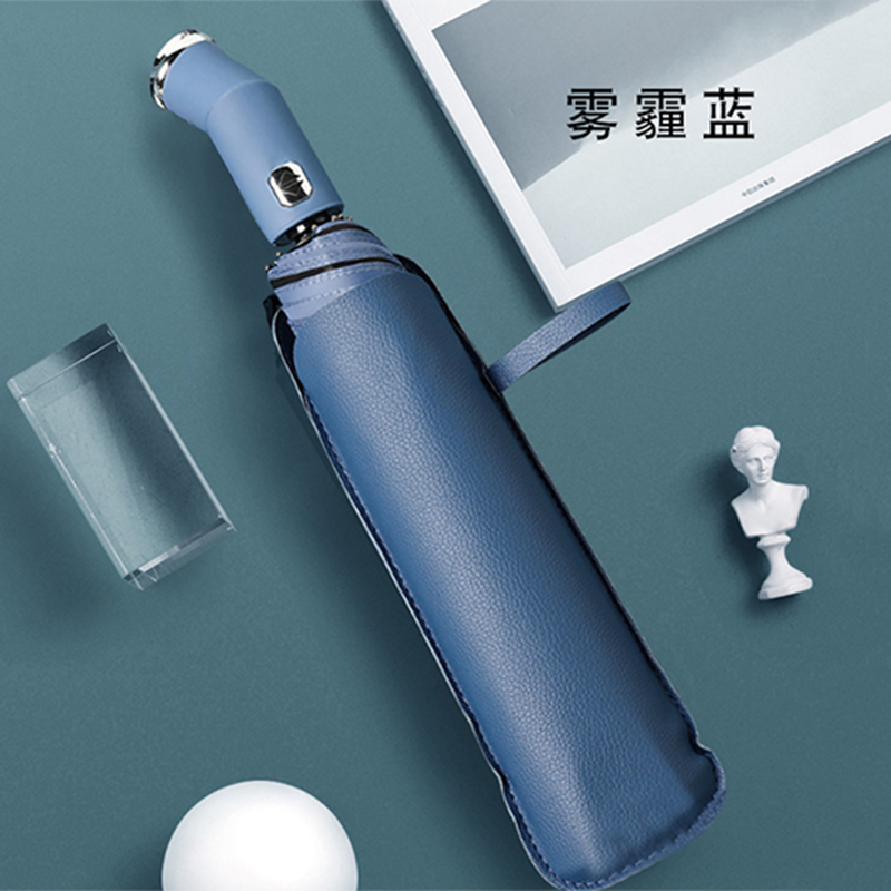 Hengdun LED corner flashlight, fully automatic folding umbrella, double keel reinforced, wind-resistant black rubber, sun protection, rain and sun dual-purpose umbrella, leather umbrella cover, night lighting, commuting, customizable LOGO gift umbrella Specification image