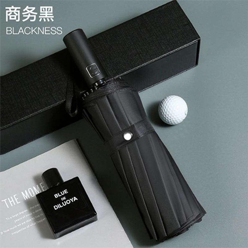 Hengdun 16-bone fully automatic three-fold umbrella black rubber sun protection and UV protection, all-weather and all-weather umbrella, reinforced wind resistance and storm resistance, enlarged double-person business folding umbrella, gift box, corporate advertising gift umbrella, can be printed with LOGO details Picture