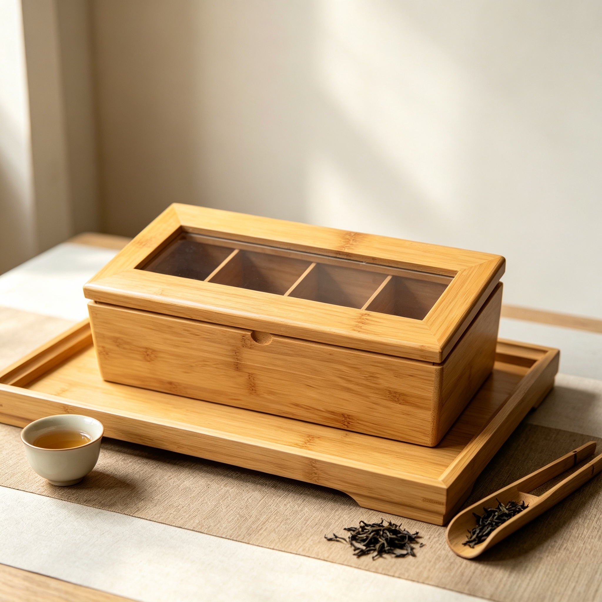 捷豪木质带盖透明四格茶叶盒防尘分隔包装茶包收纳盒