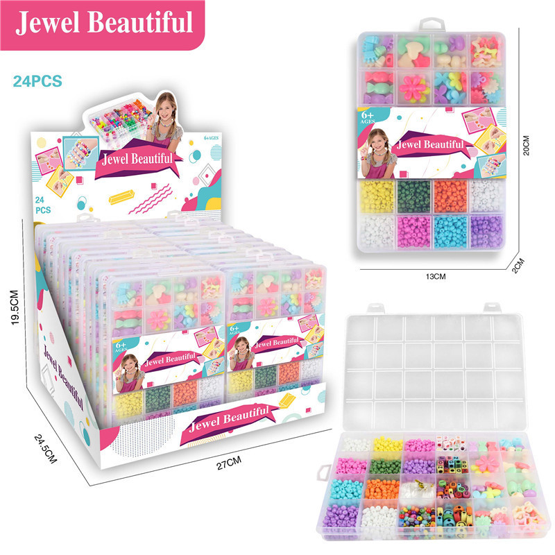 TE77068 Macaron heart-shaped flower shaped with solid color round beads compartmentalized storage beaded toys, children's early education concentration beaded jewelry making gift box, supermarket 24-piece hanging board, whole box wholesale Item Picture