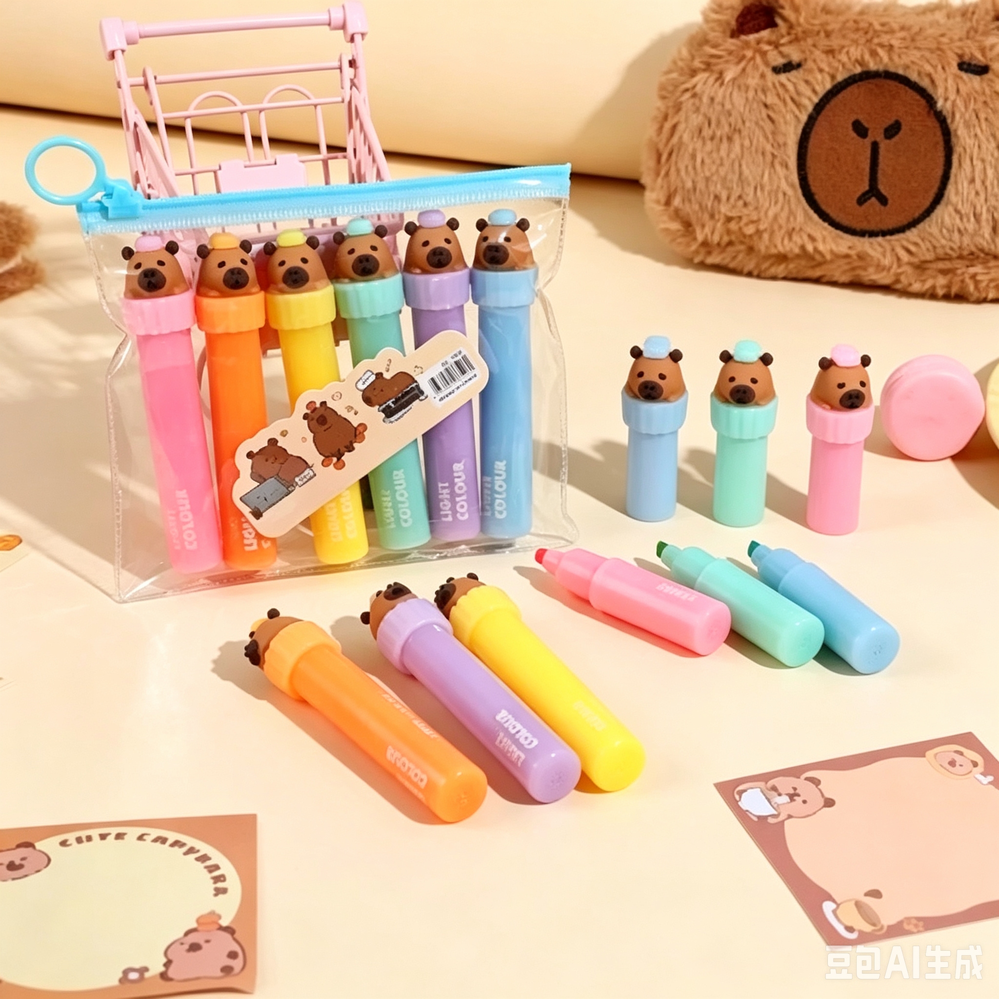 Cartoon 3D pen cap highlighters, 6 bags, soft and cute student stationery, doodling key marks, colorful highlighters Item Picture