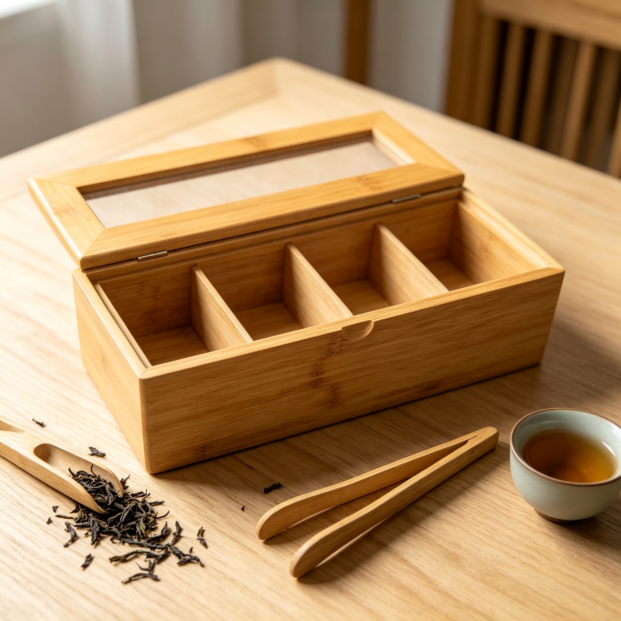 Jiehao wooden transparent four-compartment tea box with lid dust-proof separation packaging tea bag storage box details Picture