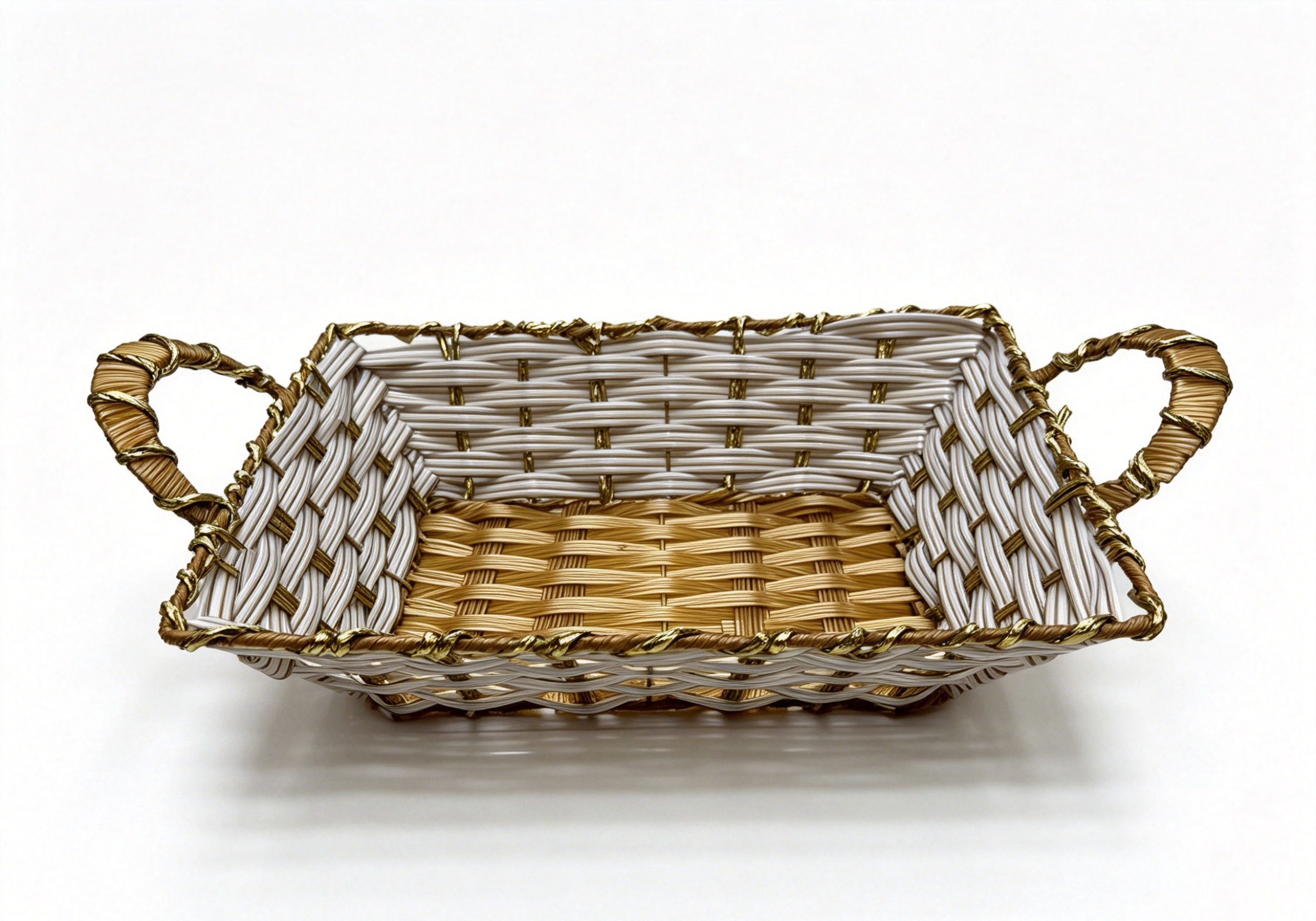 A golden square ear-pulling storage basin with white rubber, fruit and snack basket, bread basket, toy storage basket, supermarket gift packaging basket, souvenir packaging basket, kitchen sauce storage basket, vegetable storage basket, tissue storage basket, and cosmetics basket