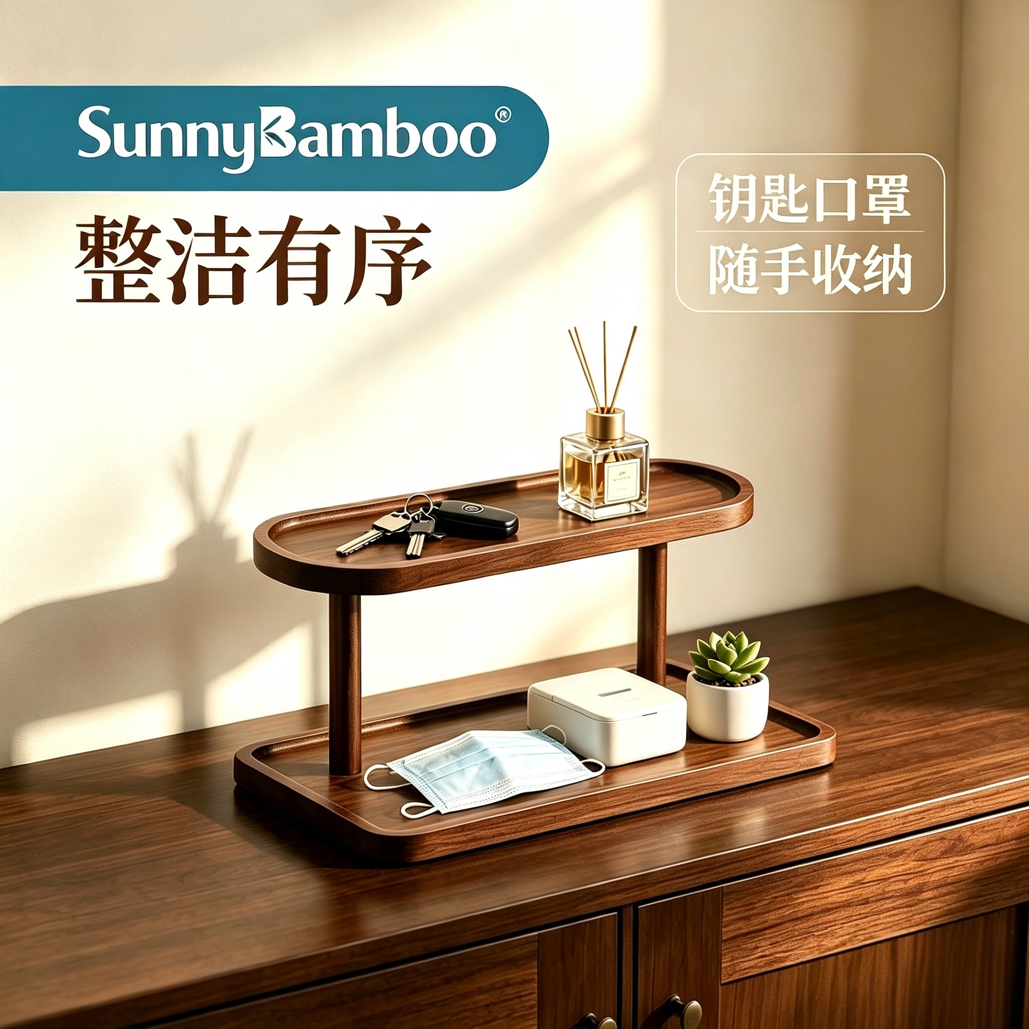 Jiehao double-layer bamboo and wood storage tray, walnut grain desktop shelf, cosmetics, aromatherapy, water cup, layered display rack, in stock for wholesale