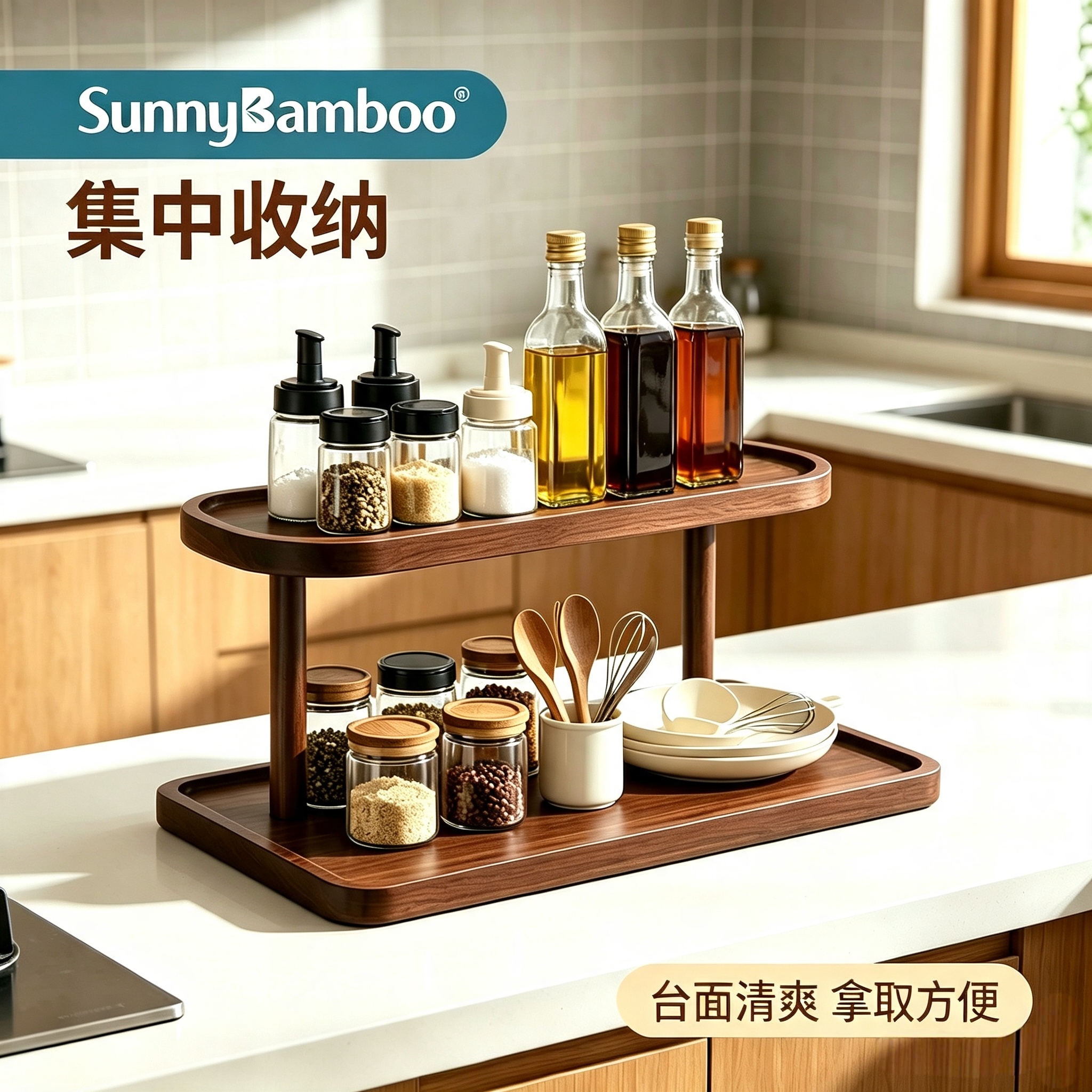 Jiehao double-layer bamboo and wood storage tray, walnut grain desktop shelf, cosmetics, aromatherapy, water cup, layered display rack, in stock for wholesale Specification image