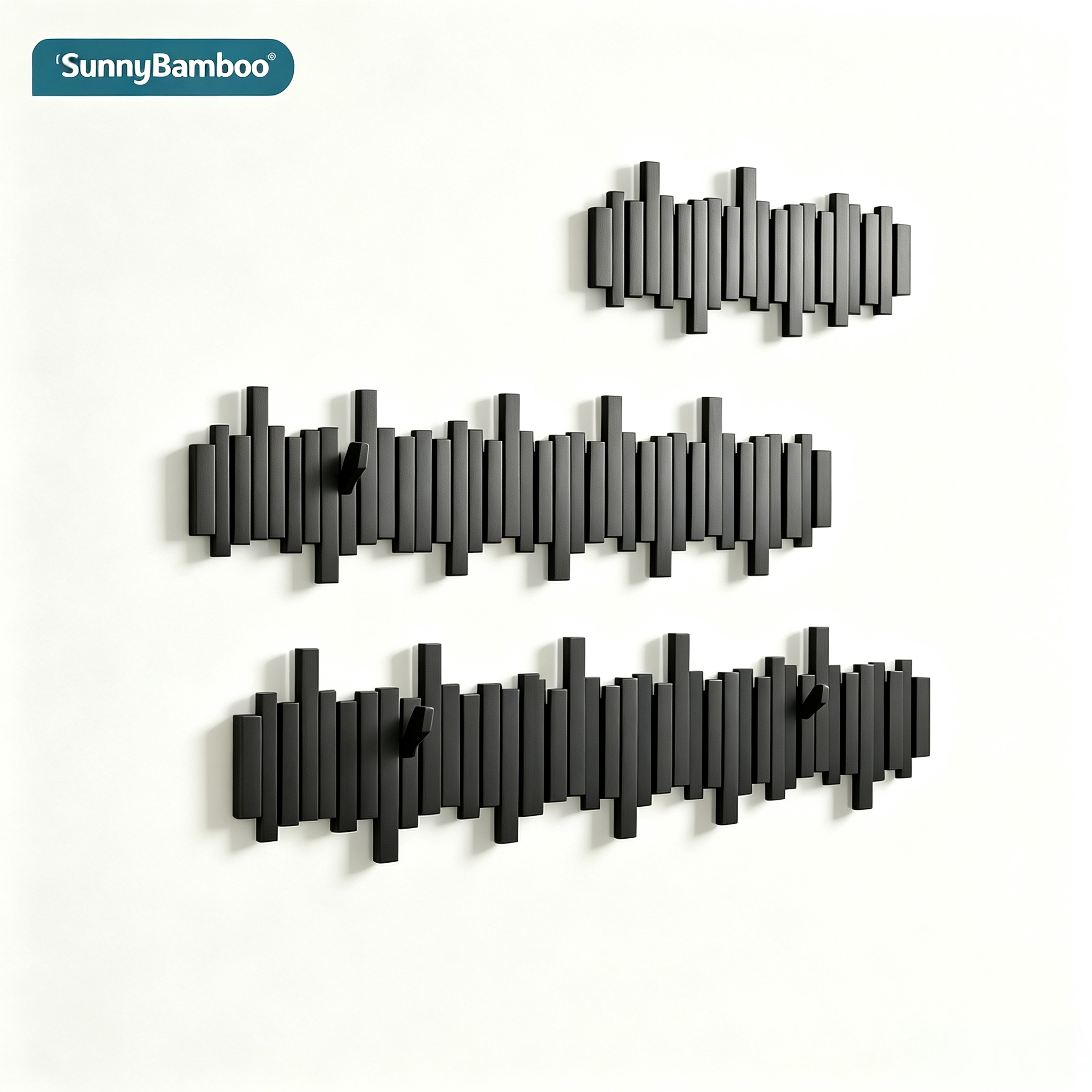 Acoustic wave invisible solid wood hook wall-mounted coat rack, simple black no-drilling entrance coat hook, household wall decoration hook wholesale Item Picture