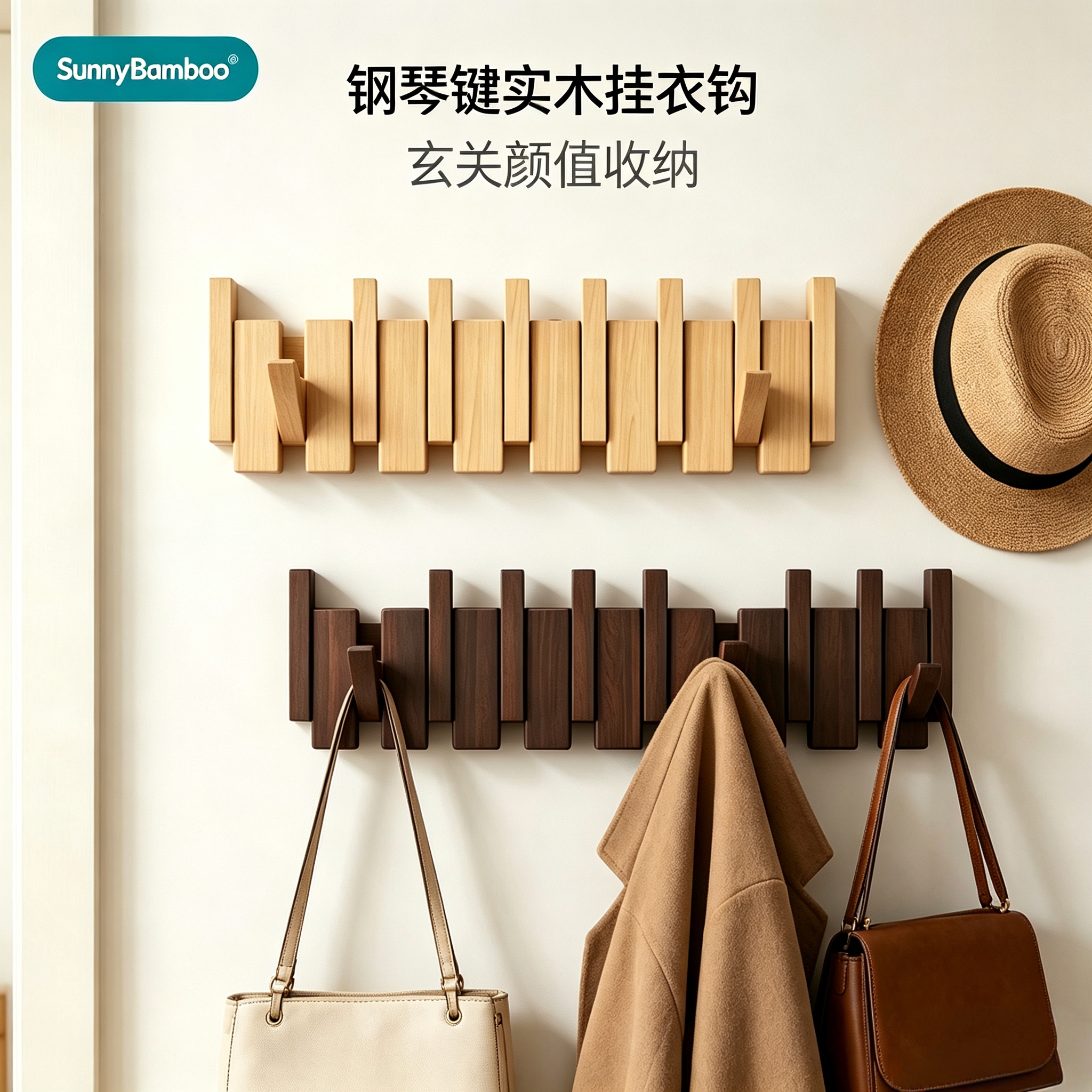 Solid wood piano key folding clothes hook, solid wood invisible wall-mounted clothes and hat hook, rounded corner does not damage clothes, entrance wall decoration hook, wholesale in stock Specification image