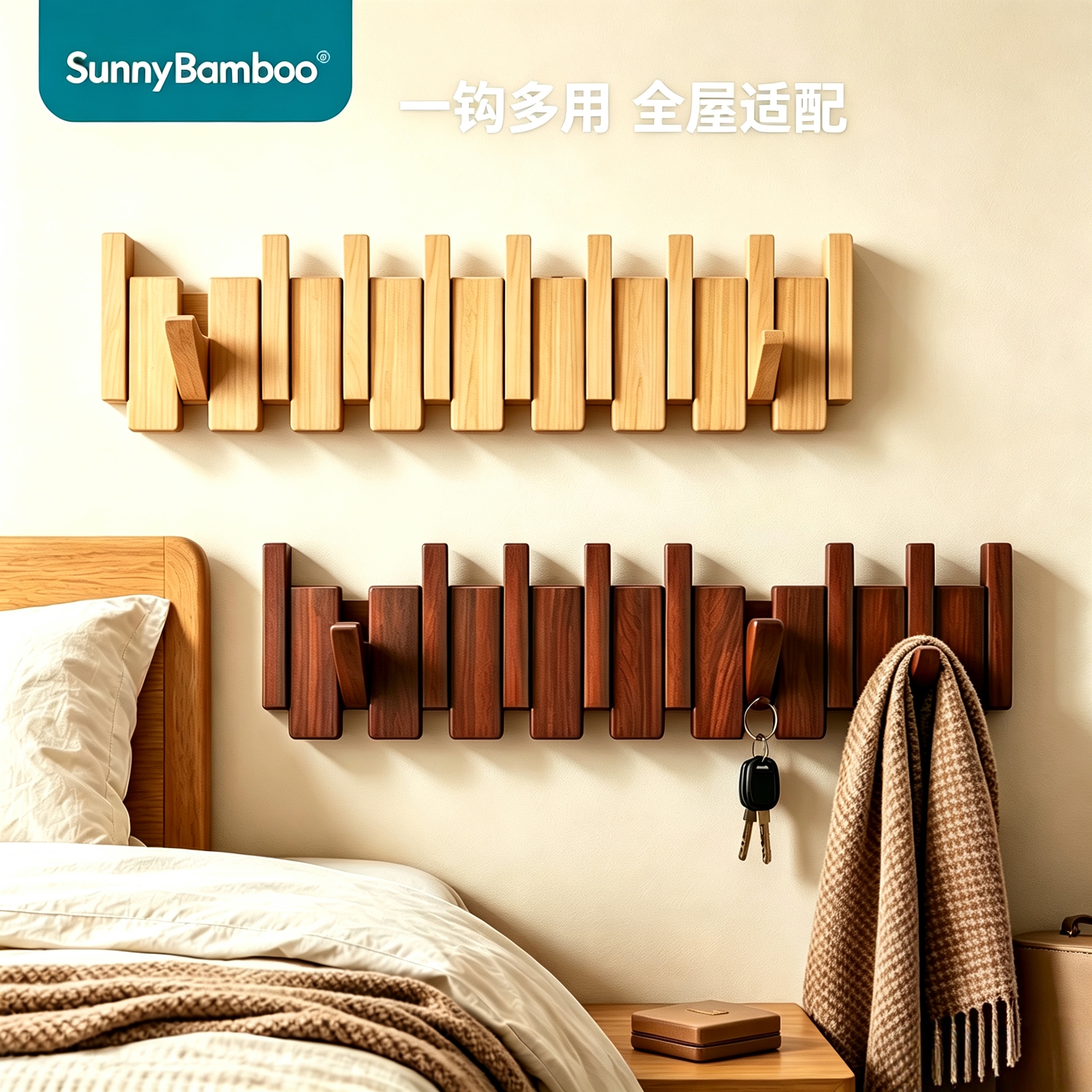 Solid wood piano key folding clothes hook, solid wood invisible wall-mounted clothes and hat hook, rounded corner does not damage clothes, entrance wall decoration hook, wholesale in stock Application Scenario