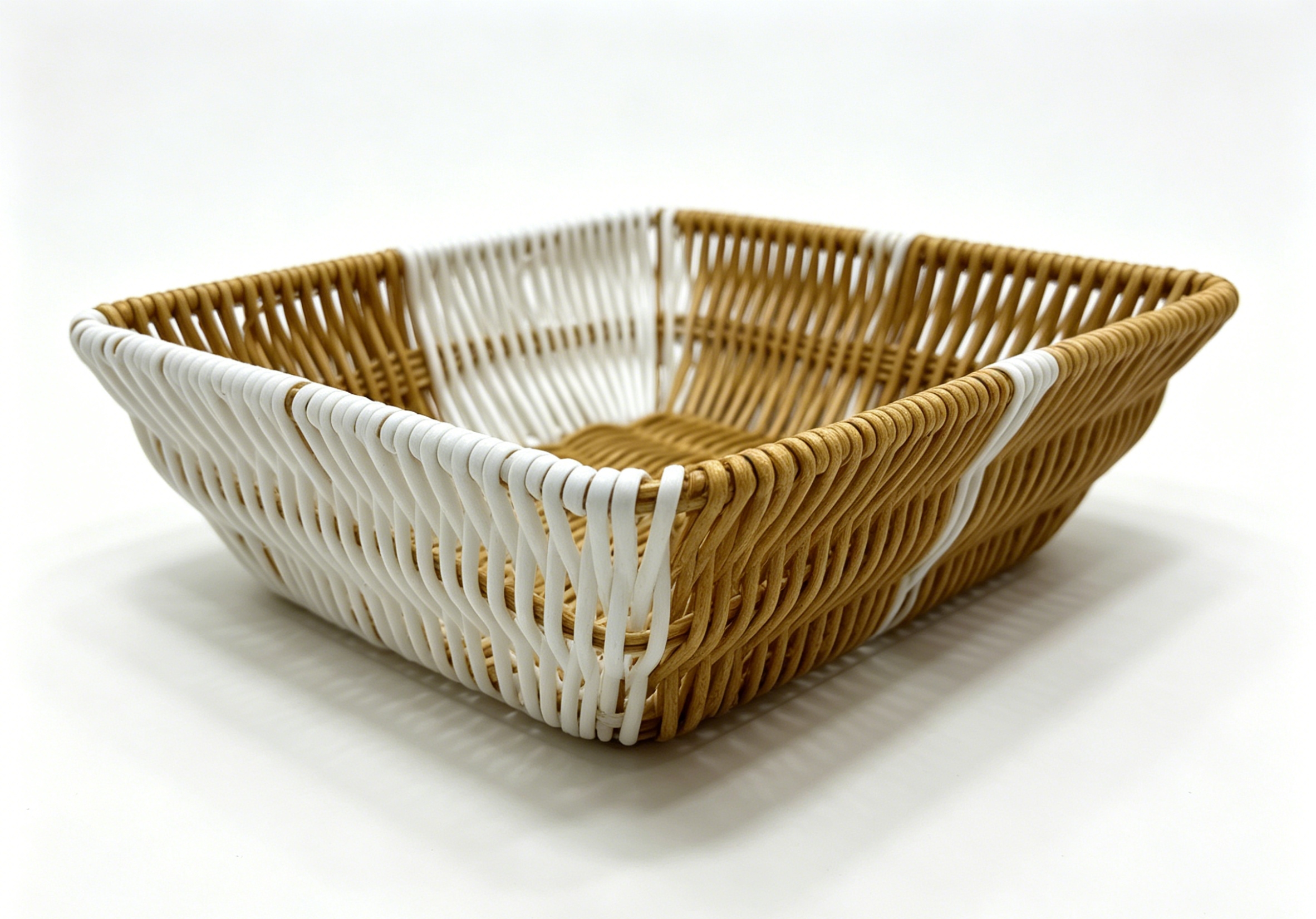 White and yellow rectangular wicker storage basin, fruit and snack basket, bread basket, toy storage basket, supermarket gift packaging basket, souvenir packaging basket, kitchen sauce storage basket, vegetable basket, tissue paper storage basket, cosmetics basket Application Scenario