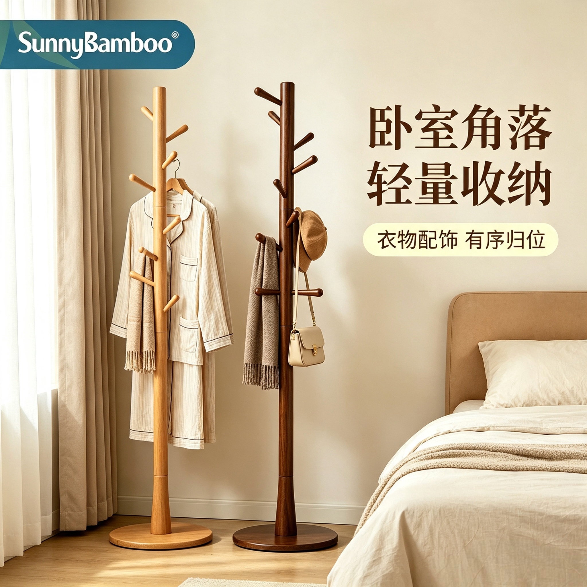 Jiehao floor-standing coat and hat racks, tree-shaped bamboo and wood floor-standing clothes hangers, and three-color standing bag hangers for home living rooms are available for wholesale Specification image