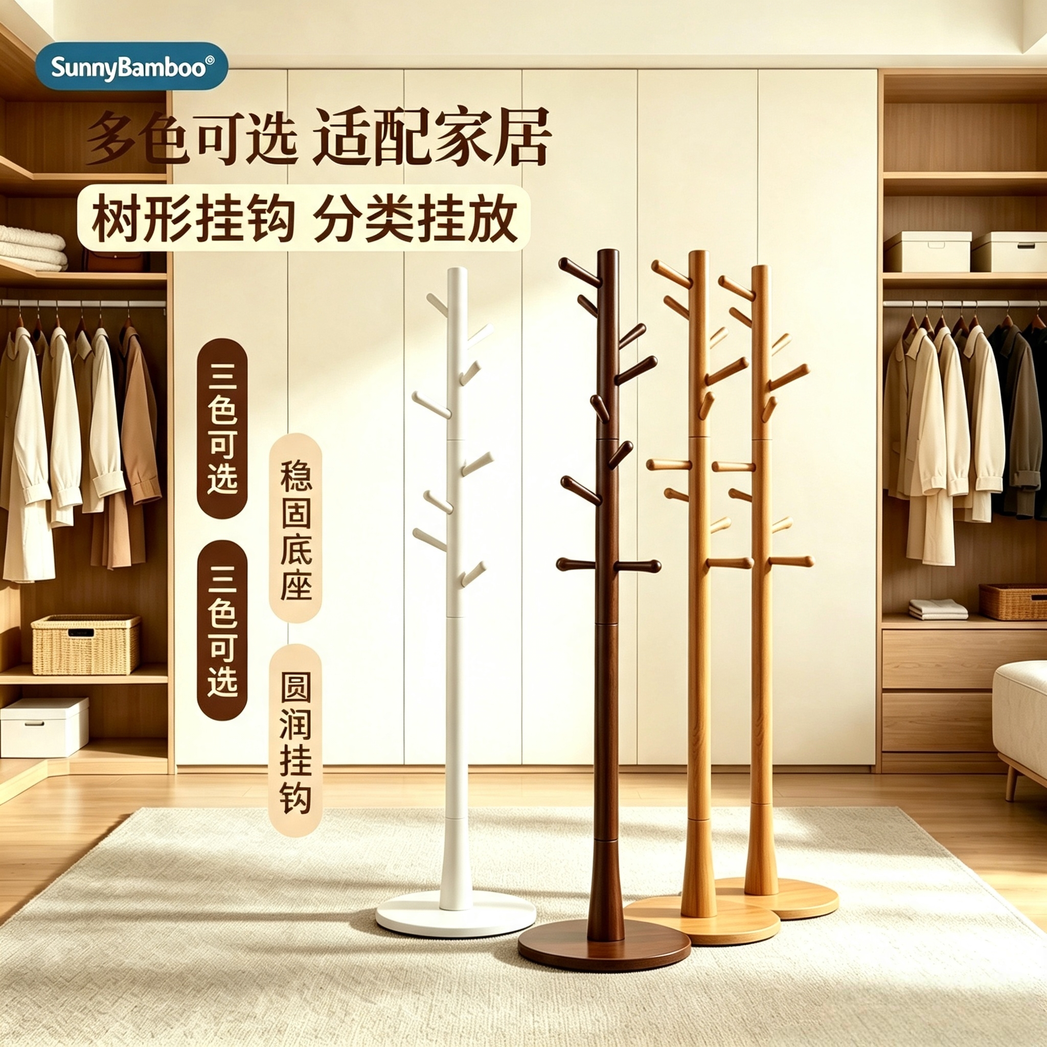 Jiehao floor-standing coat and hat racks, tree-shaped bamboo and wood floor-standing clothes hangers, and three-color standing bag hangers for home living rooms are available for wholesale details Picture