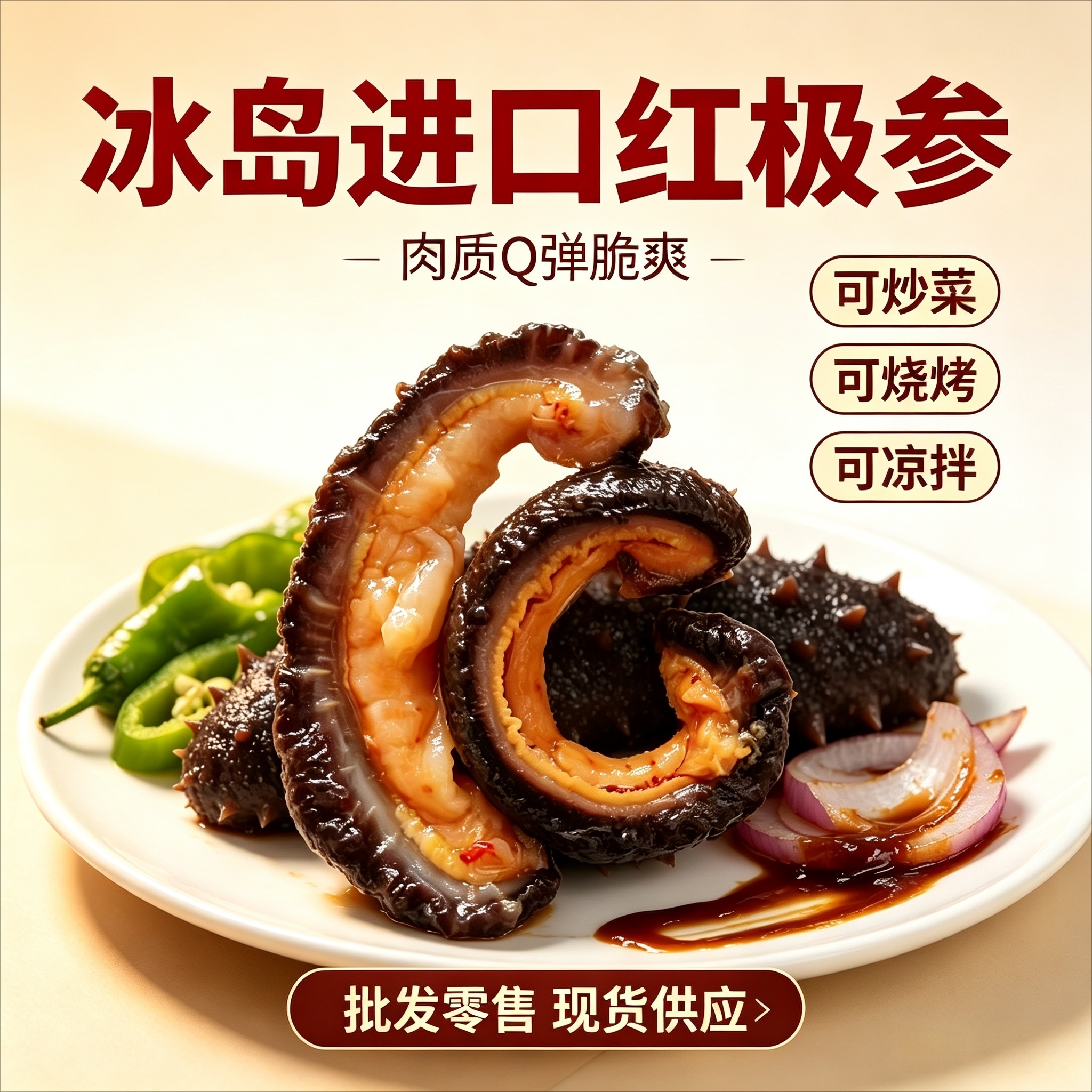 Icelandic imported red Arctic sea cucumber ready-to-eat premium, Arctic red sea cucumber, large-sized sea cucumber strips, sea cucumber chunks, nourishing and gift-giving, can be stir-fried or mixed, a bestseller in restaurants, 500g*2 packs