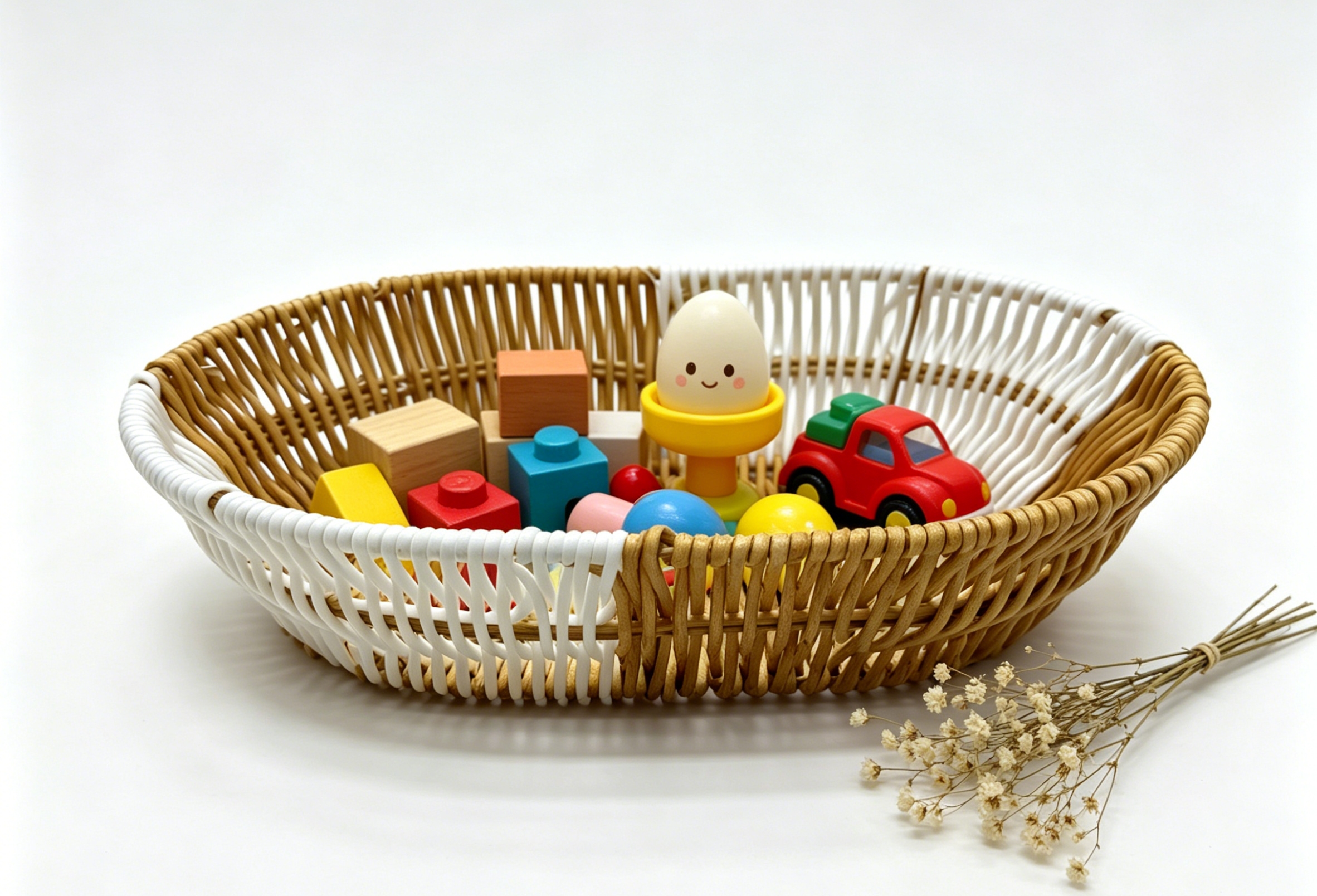 White and yellow imitation vine egg-shaped storage basin, fruit and snack basket, bread basket, toy storage basket, supermarket gift packaging basket, souvenir packaging basket, kitchen sauce storage basket, vegetable basket, tissue paper storage basket, cosmetics basket Application Scenario