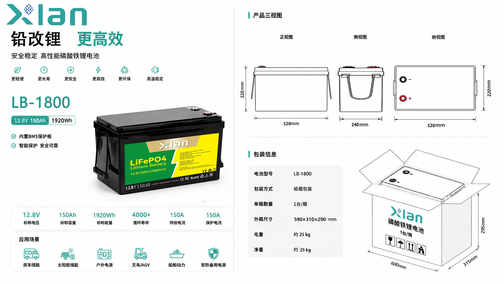 Xlan LB-1200磷酸铁锂电池，12.8V/150Ah/1920Wh，内置BMS保护，安全高效，适用于房车、太阳能