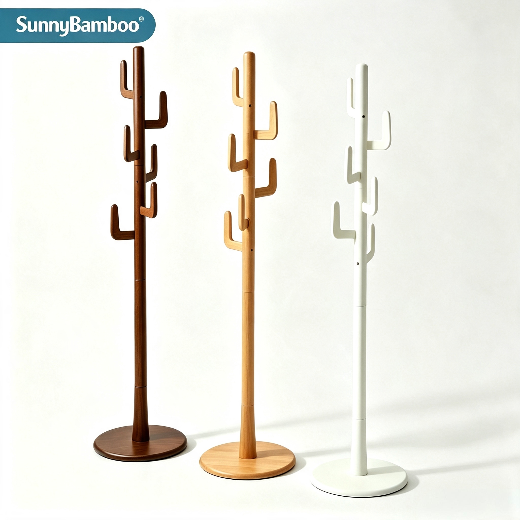 Jiehao floor-standing coat and hat rack, tree-shaped bamboo and wood floor-standing clothes hanger, household entrance and bedroom standing clothes and bag rack, three-color solid wood coat and hat rack, in stock, bulk purchase Item Picture