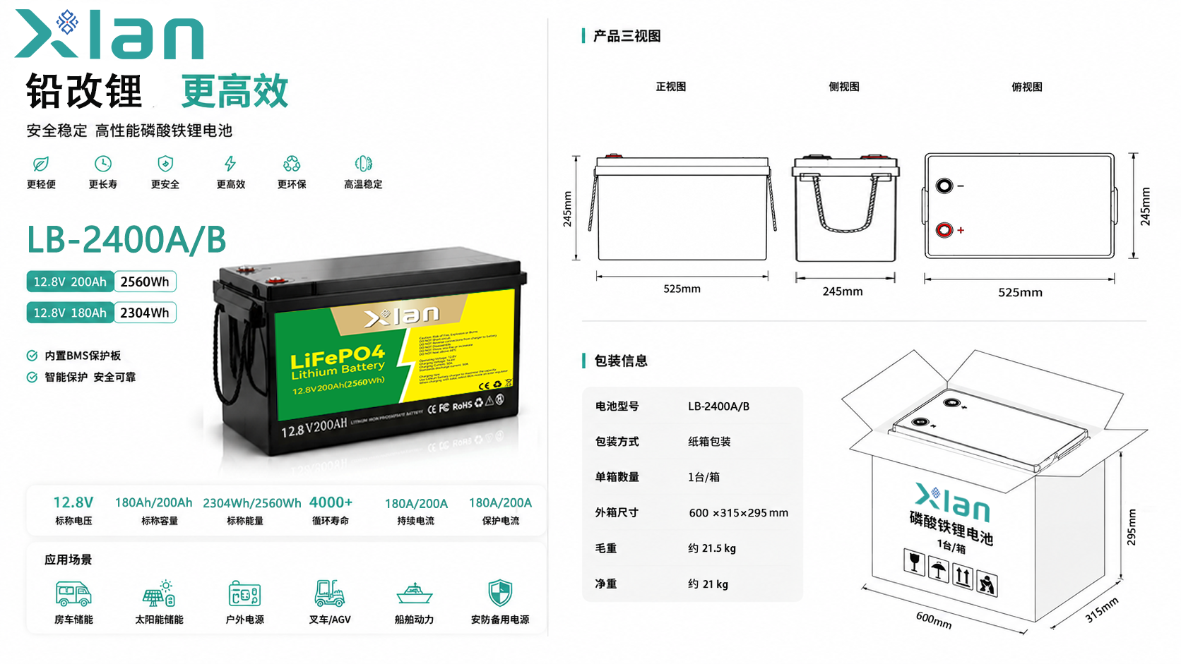 Xlan磷酸铁锂黑色电池12.8V 180Ah/200Ah 带绿黄标签货车车载锂电池18650卡装
