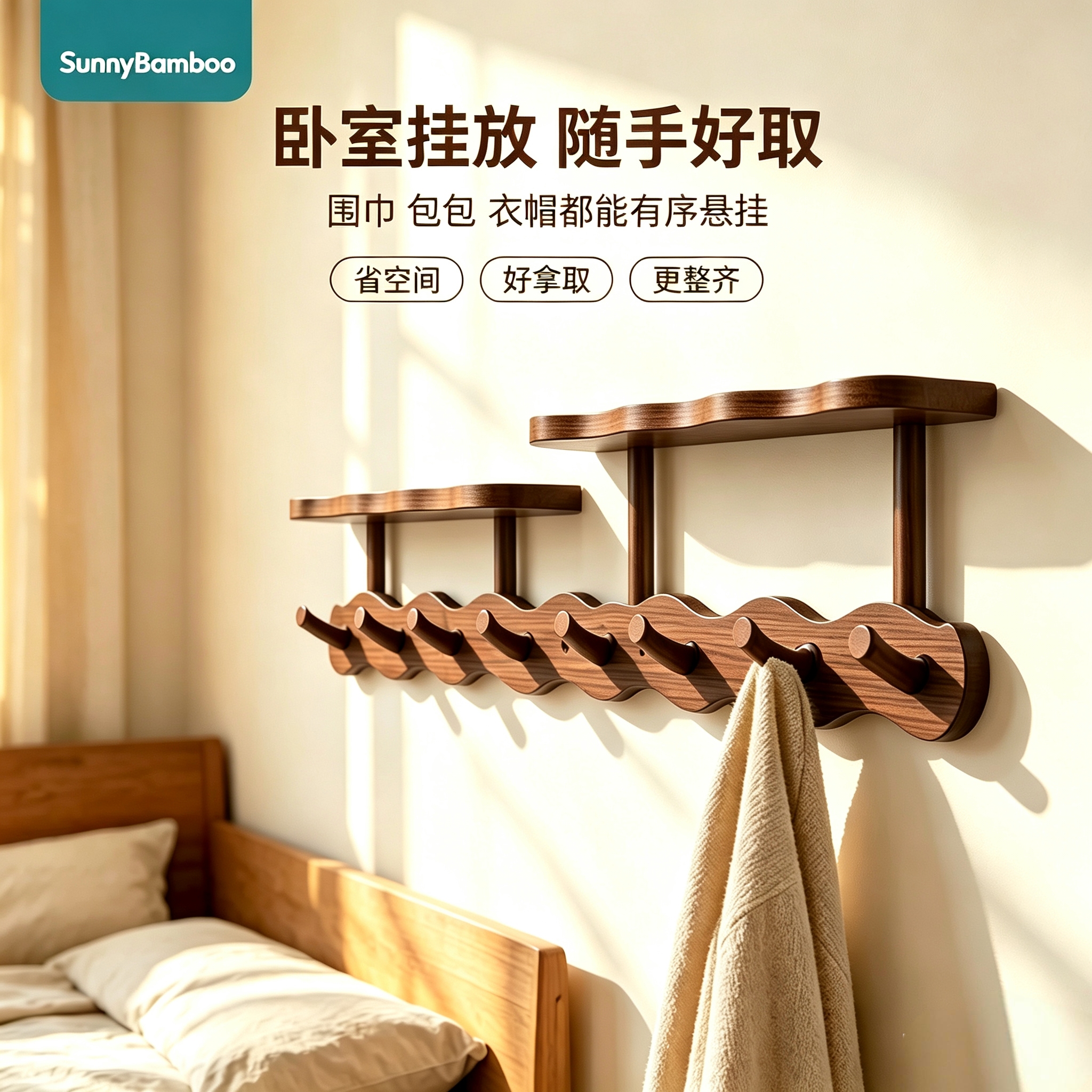 Bamboo and wood wave storage clothes hook, entrance hall with partition wall coat rack, home wall multi-functional storage hook in stock wholesale details Picture
