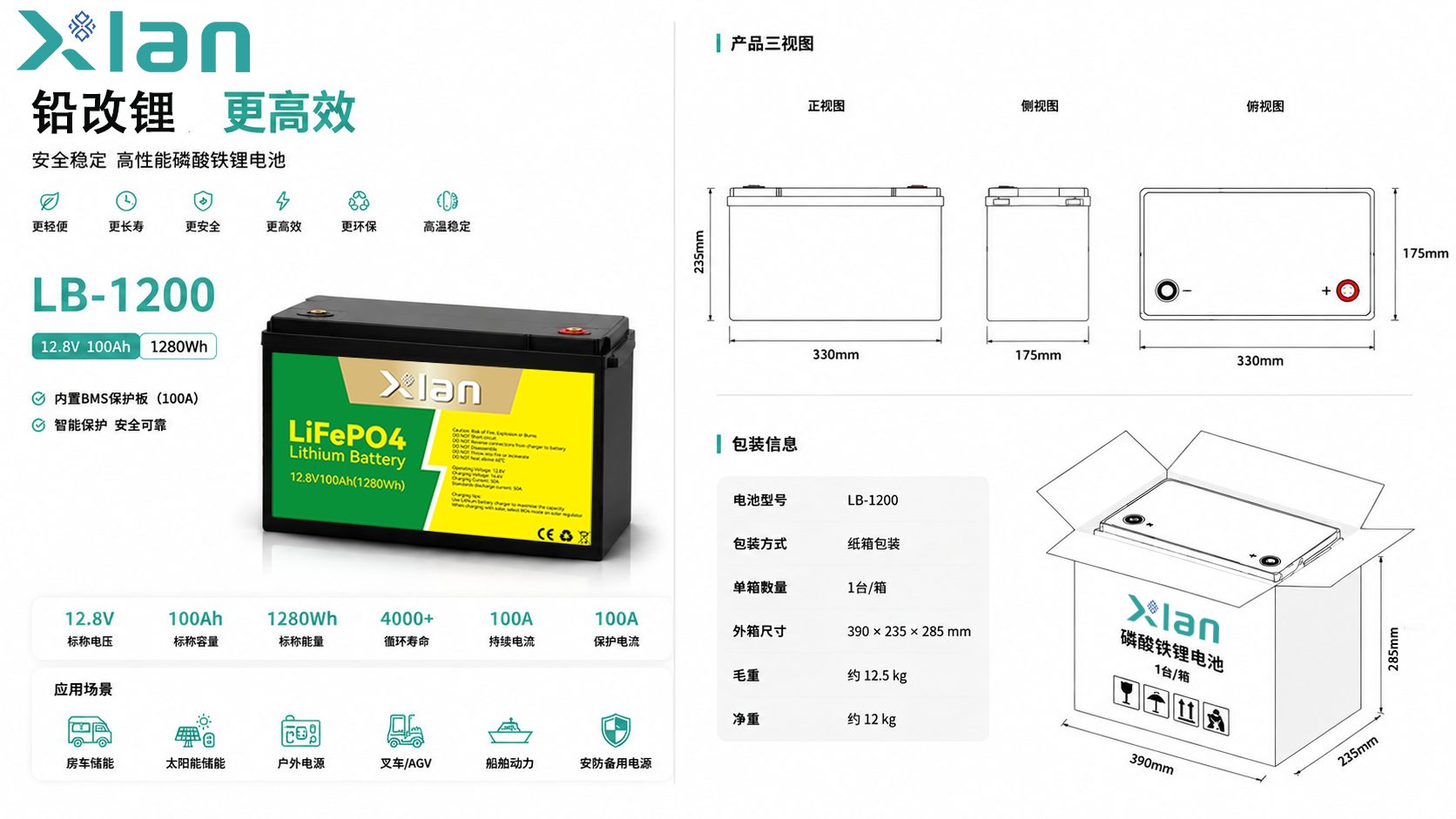 Xlan磷酸铁锂黑色电池12.8V 100Ah带绿黄标签货车车载锂电池18650卡装