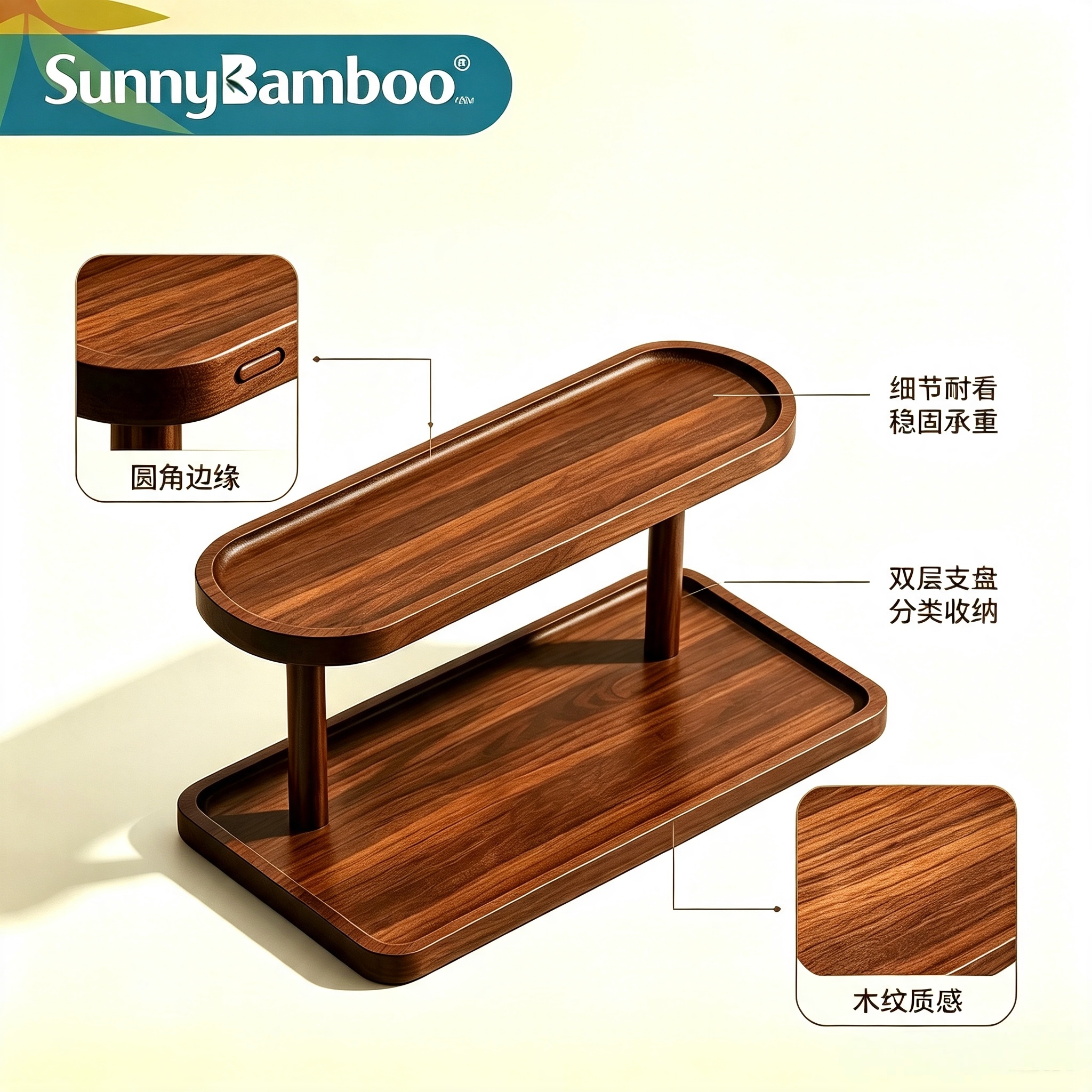 Jiehao double-layer bamboo and wood storage tray, walnut grain desktop shelf, cosmetics, aromatherapy, water cup, layered display rack, in stock for wholesale Application Scenario
